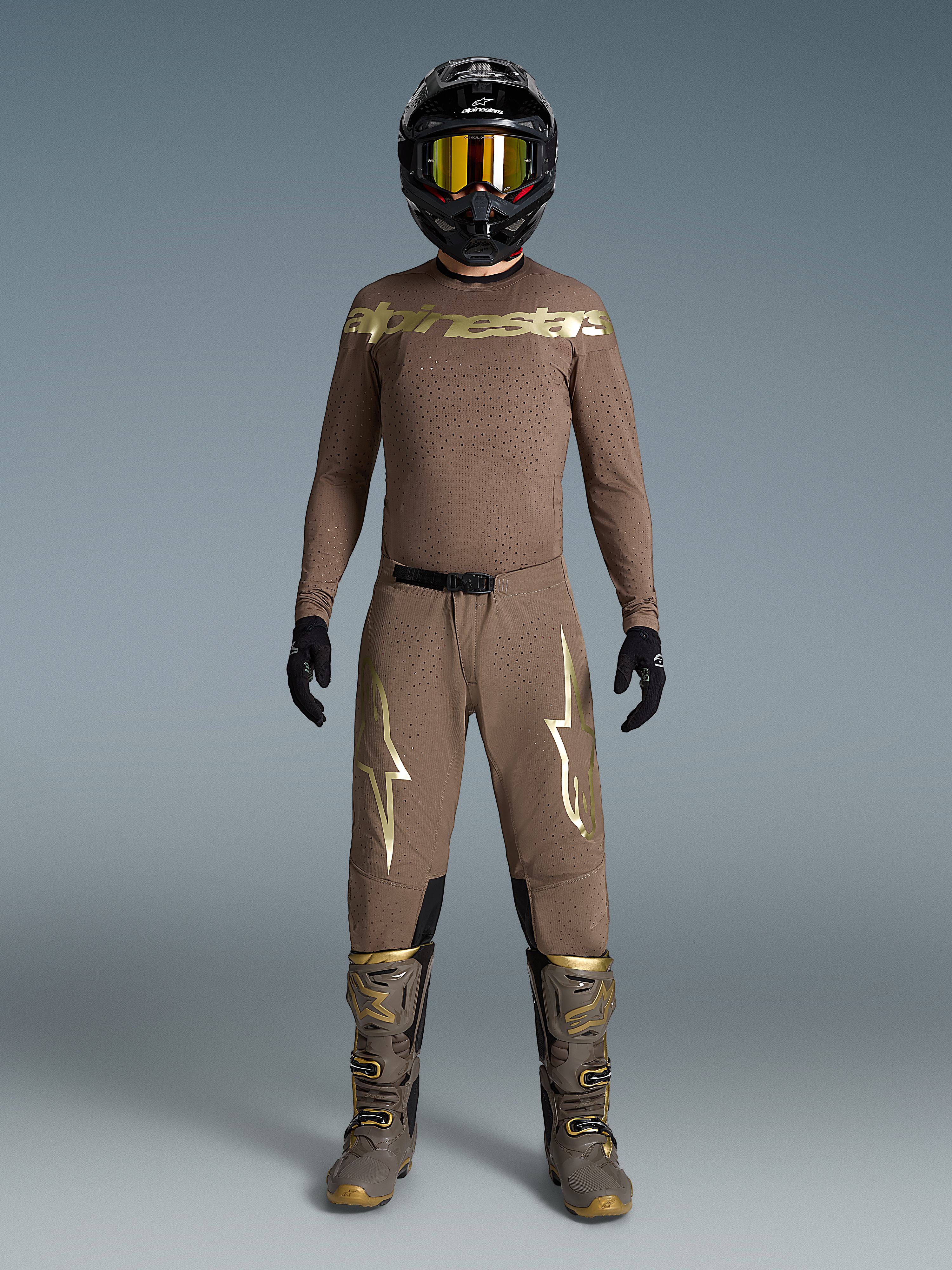 Alpinestars Supertech Air Gold Edycja Limitowana, brązowy i złoty męski zestaw motocrossowy, atletyczny krój z wentylacją