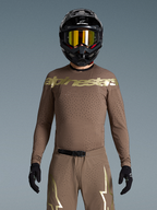 Alpinestars koszulka Supertech Air Gold edycja limitowana, męska koszulka motocrossowa MX, brązowa i złota, laserowo wycinana wentylacja, profesjonalne dopasowanie wyścigowe.