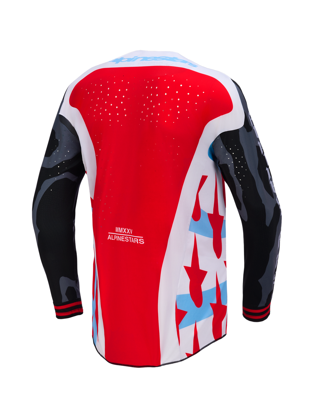 Koszulka Alpinestars Techstar Beast Coast, widok z tyłu, czerwono-biała z rękawami camo i laserową perforacją.