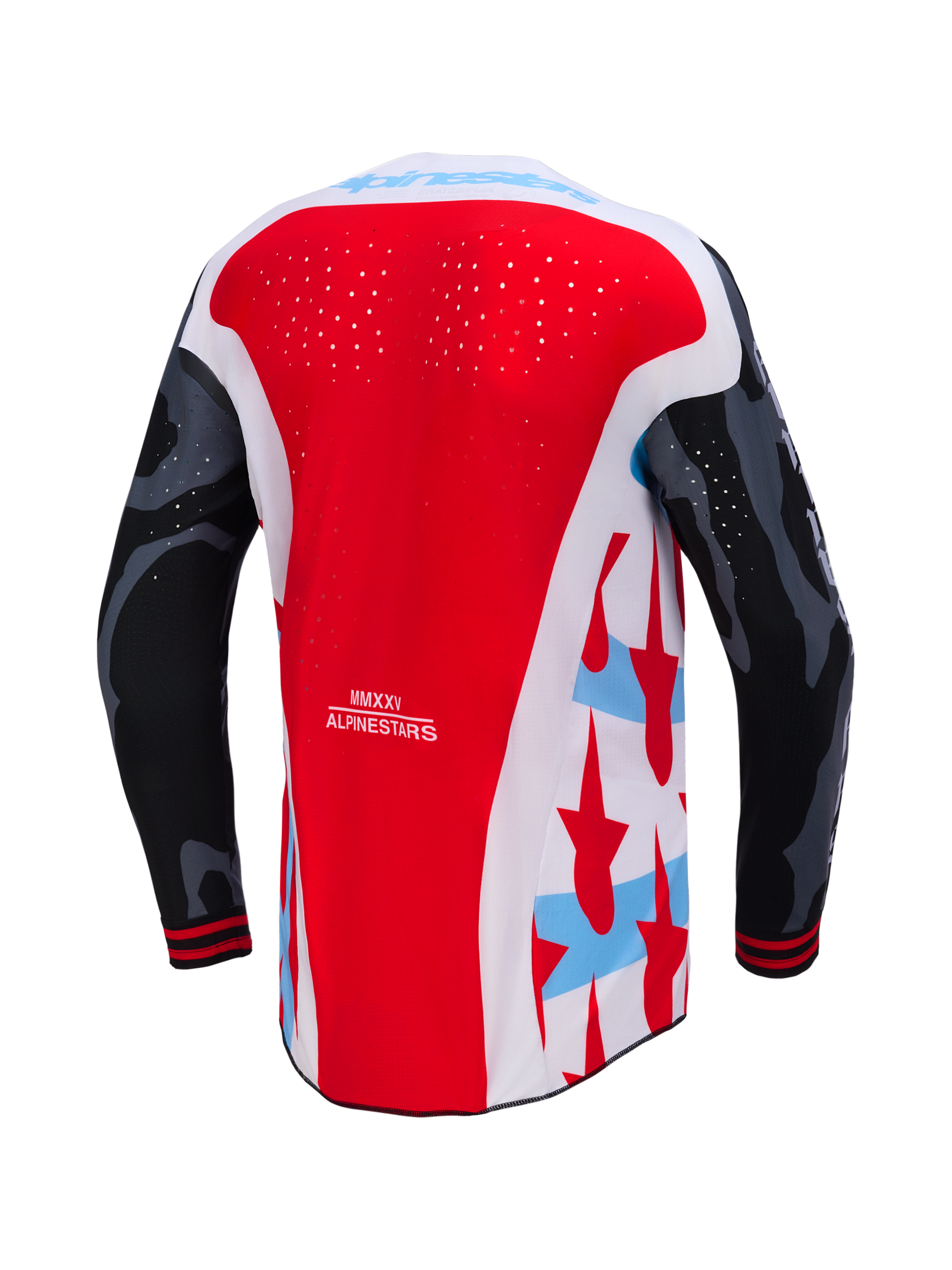 Koszulka Alpinestars Techstar Beast Coast, widok z tyłu, czerwono-biała z rękawami camo i laserową perforacją.