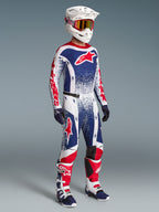 Alpinestars Techstar Unity, męski zestaw motocrossowy, biały, niebieski i czerwony, kompletny strój z kaskiem i butami