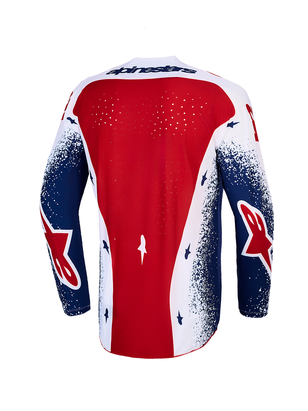 Alpinestars Techstar Unity koszulka, męska odzież motocrossowa, czerwona, biała i niebieska, wentylacja na plecach.