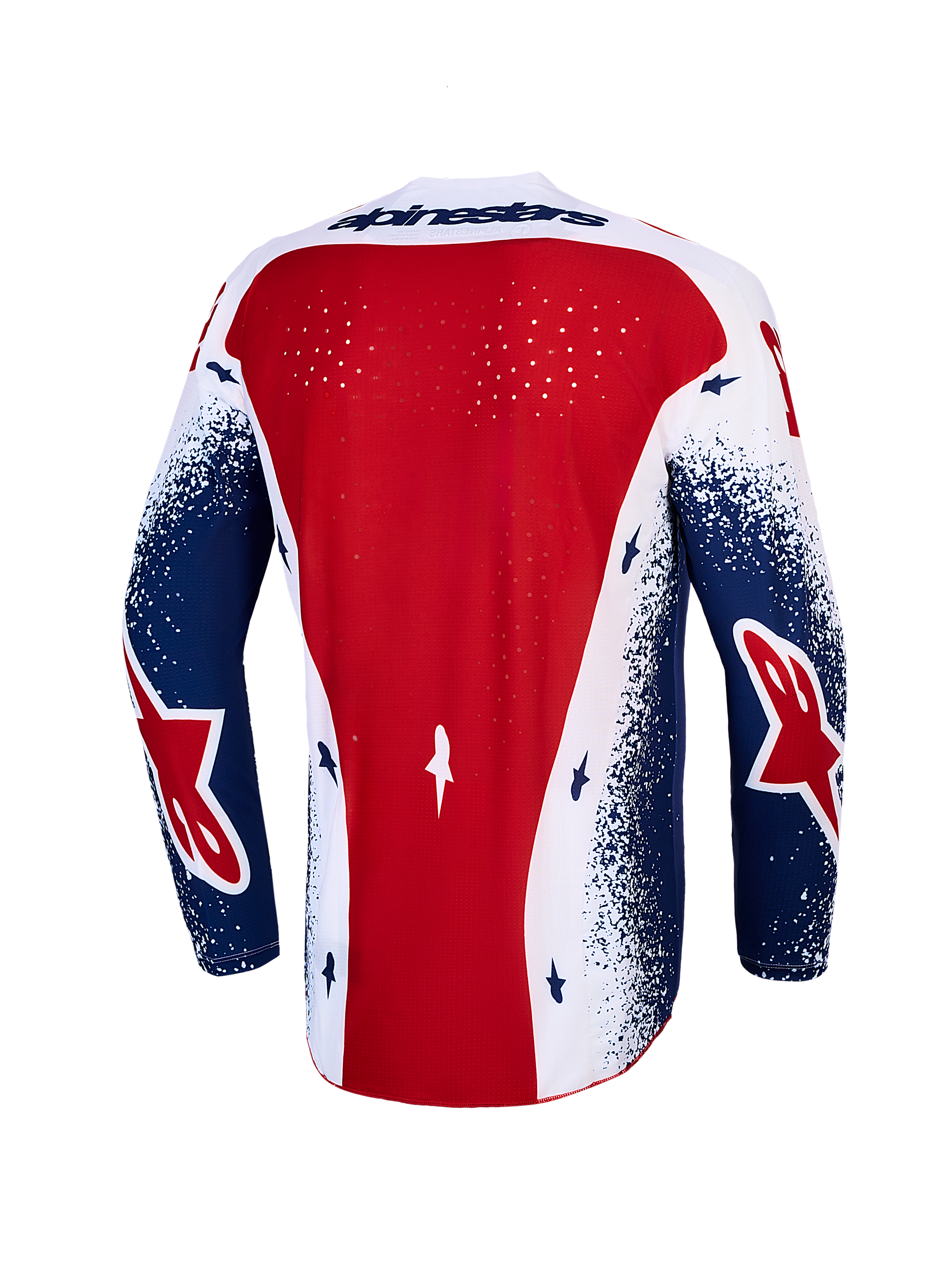 Alpinestars Techstar Unity koszulka, męska odzież motocrossowa, czerwona, biała i niebieska, wentylacja na plecach.