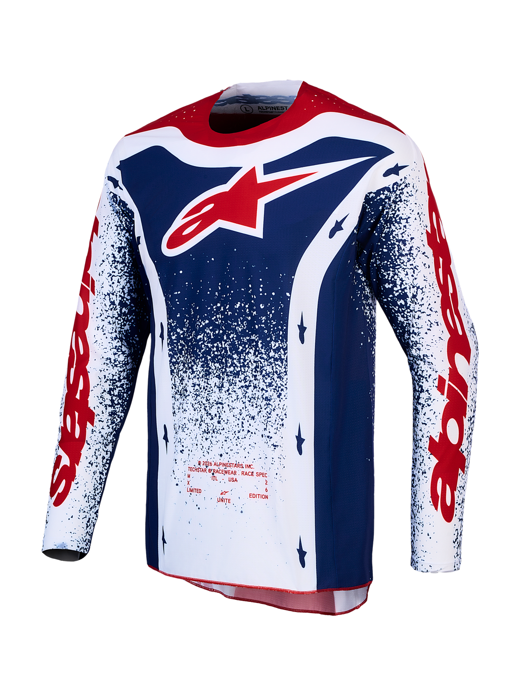 Alpinestars Techstar Unity, koszulka motocrossowa z limitowanej edycji, czerwona, biała i niebieska, do wyścigów terenowych.