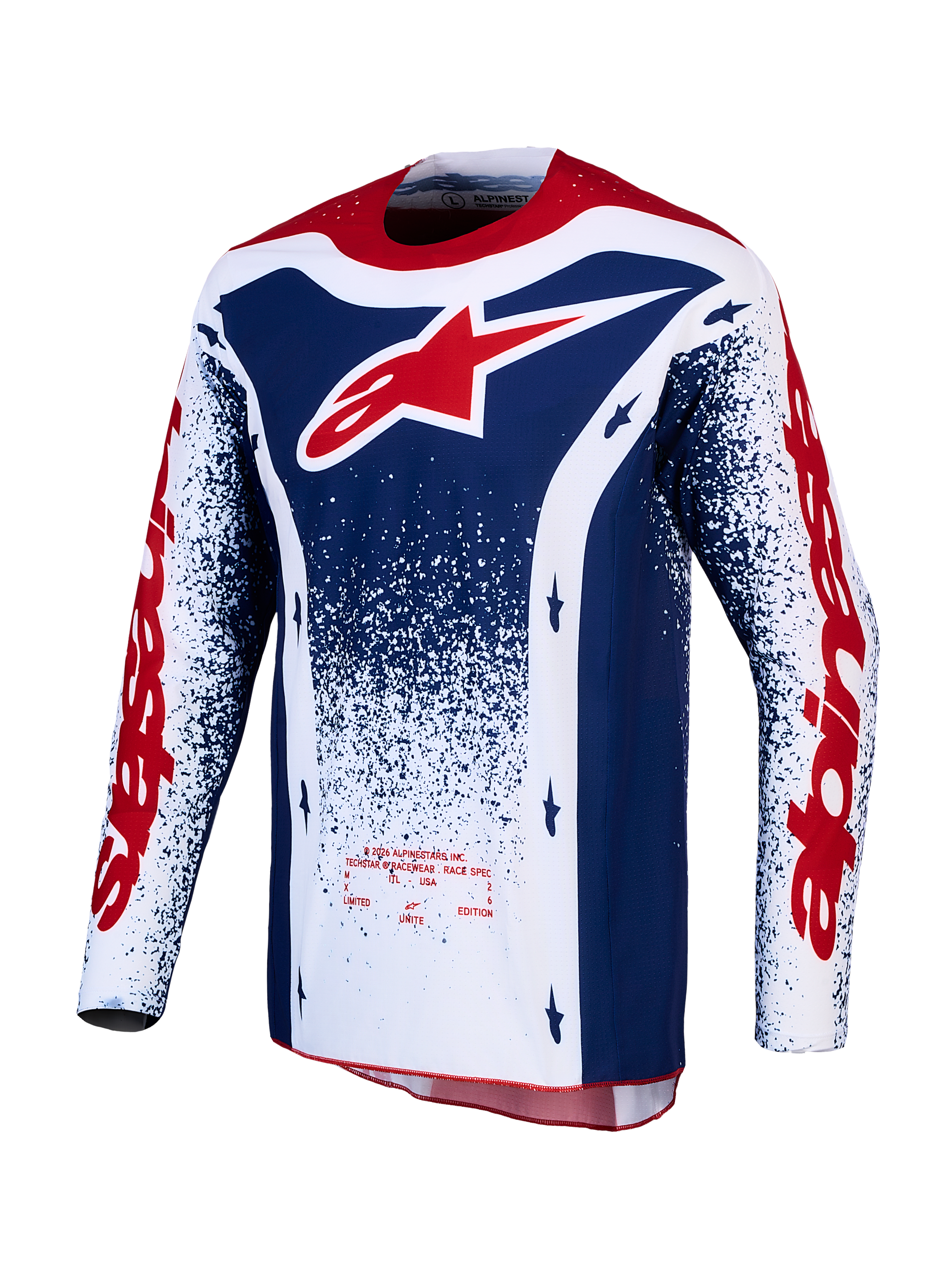 Alpinestars Techstar Unity, koszulka motocrossowa z limitowanej edycji, czerwona, biała i niebieska, do wyścigów terenowych.