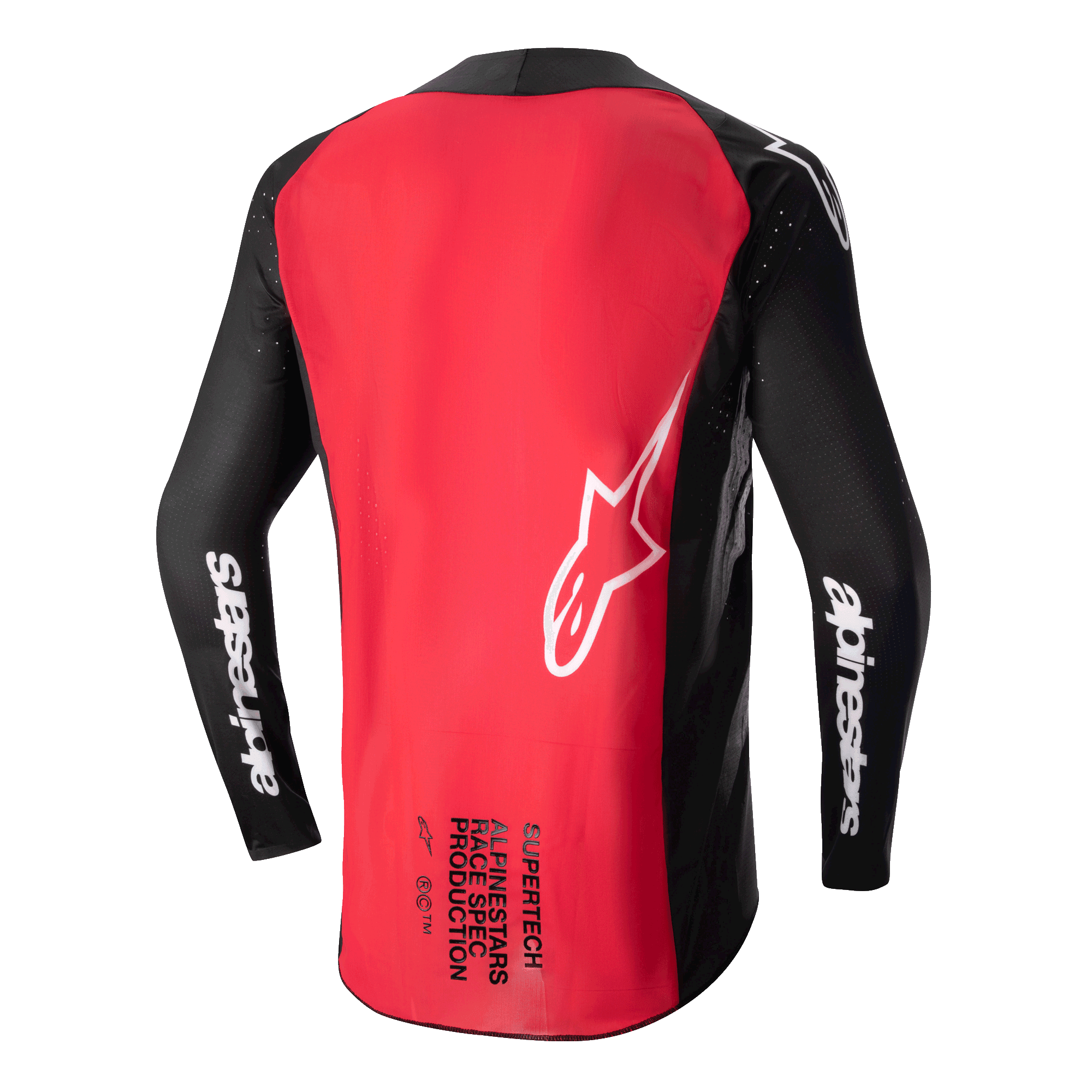 Alpinestars 2024 Supertech Ward Jersey, koszulka motocrossowa, czarno-czerwona (Red Berry), widok z tyłu przedstawiający duży czerwony panel na plecach, czarne siateczkowe rękawy z białym brandingiem Alpinestars, białe logo gwiazdy oraz napis Supertech Race Spec w dolnej części pleców.