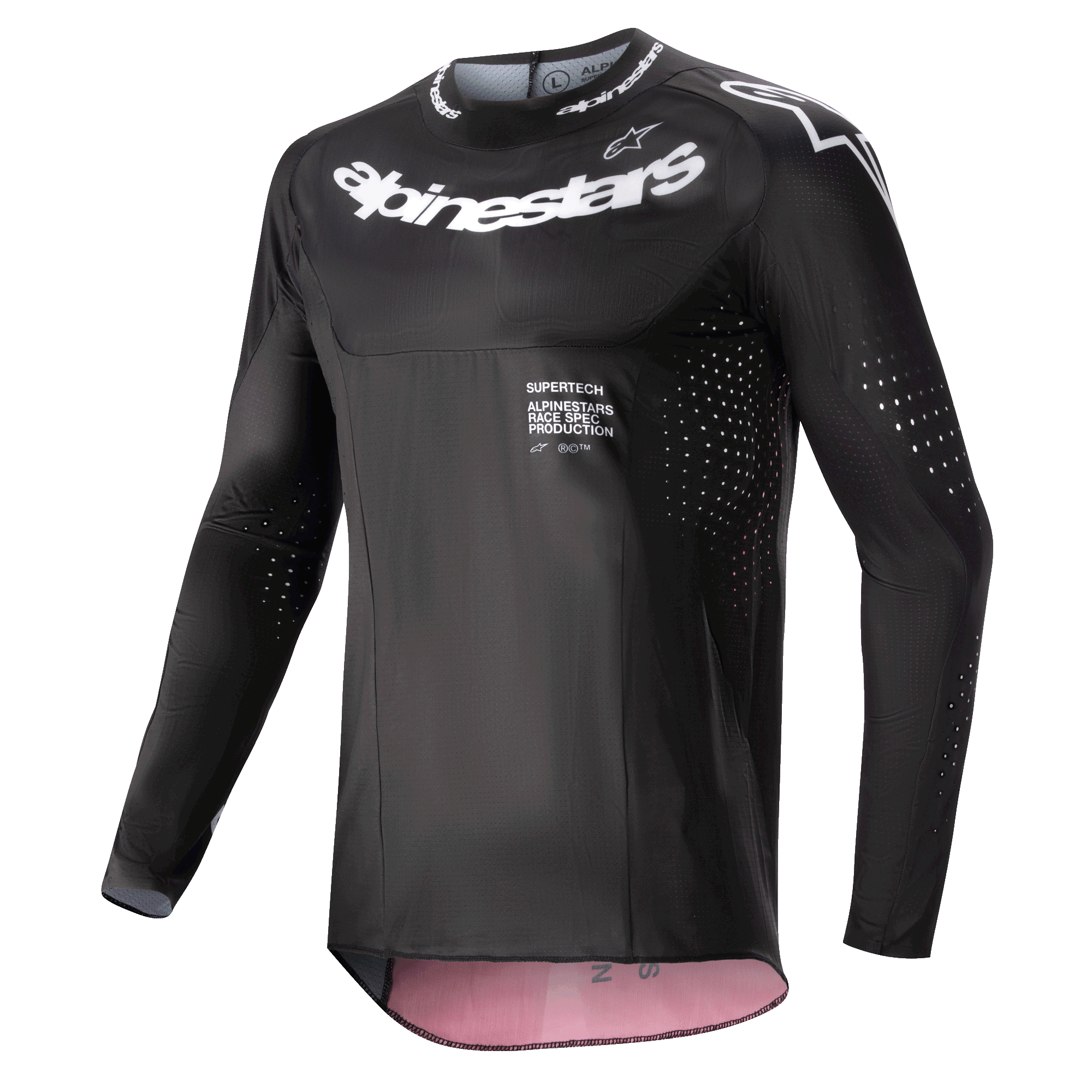 Alpinestars Supertech Ward Jersey 2024, koszulka motocrossowa, czarna z jagodowymi akcentami, białe logo Alpinestars na piersi i kołnierzyku, laserowo wycinane otwory wentylacyjne na rękawach i bokach, sportowy krój wyścigowy z jagodowymi akcentami wewnątrz.