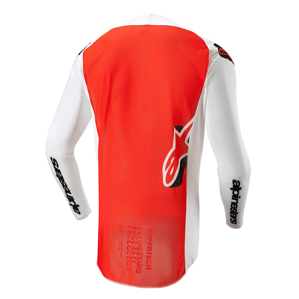 Koszulka Alpinestars 2024 Supertech Ward, widok z tyłu, kolor White Hot Orange, z dużym jaskrawopomarańczowym panelem centralnym, białymi rękawami i panelami bocznymi z czarnym brandingiem Alpinestars oraz logo Astar na dole pleców, profesjonalna konstrukcja z siatki do motocrossu