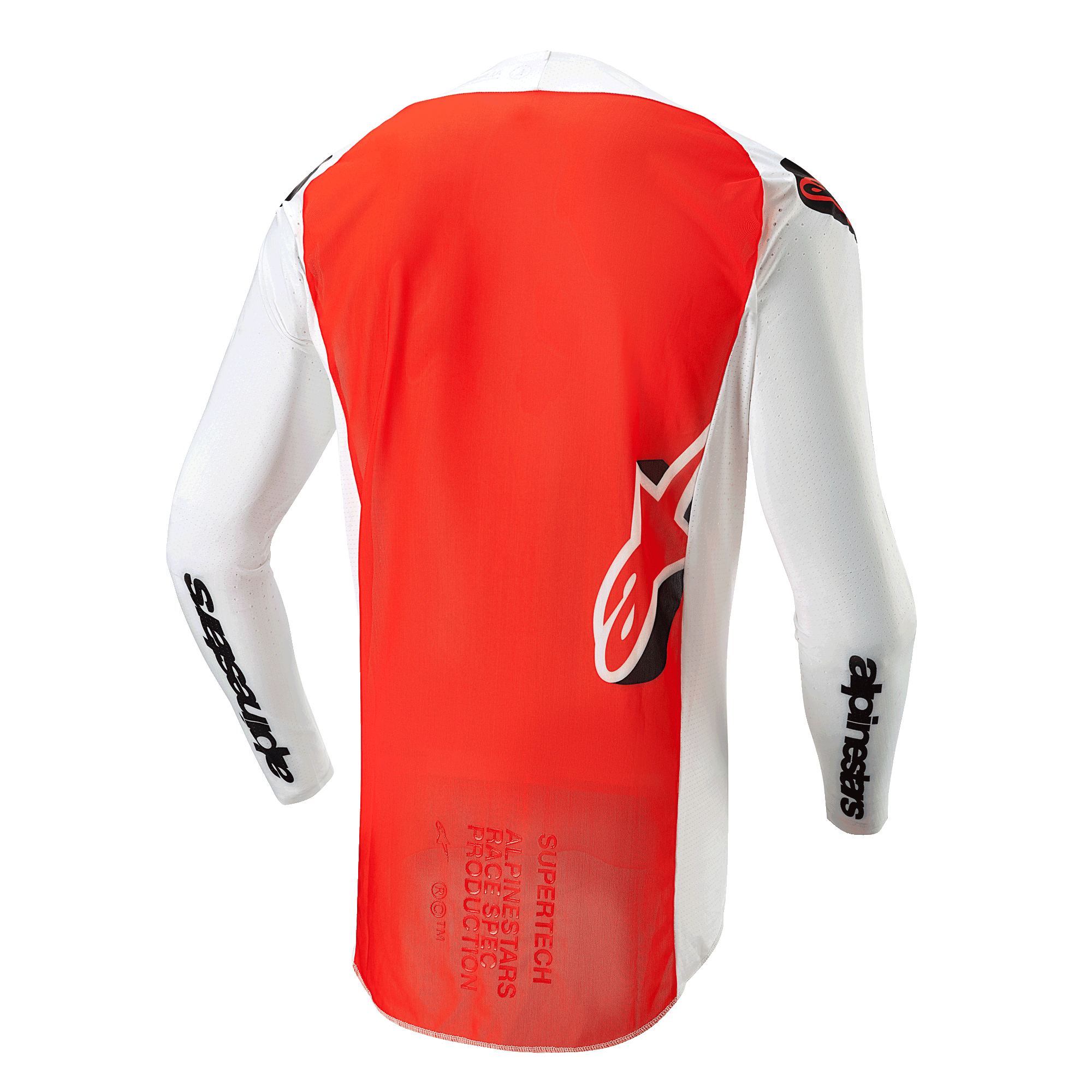 Koszulka Alpinestars 2024 Supertech Ward, widok z tyłu, kolor White Hot Orange, z dużym jaskrawopomarańczowym panelem centralnym, białymi rękawami i panelami bocznymi z czarnym brandingiem Alpinestars oraz logo Astar na dole pleców, profesjonalna konstrukcja z siatki do motocrossu