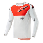 Alpinestars 2024 Supertech Ward Jersey, koszulka motocrossowa, biała i intensywnie pomarańczowa, techniczna góra z długim rękawem, duża pomarańczowa grafika na klatce piersiowej, logo z gwiazdą, oddychająca perforowana konstrukcja do wyścigów off-road