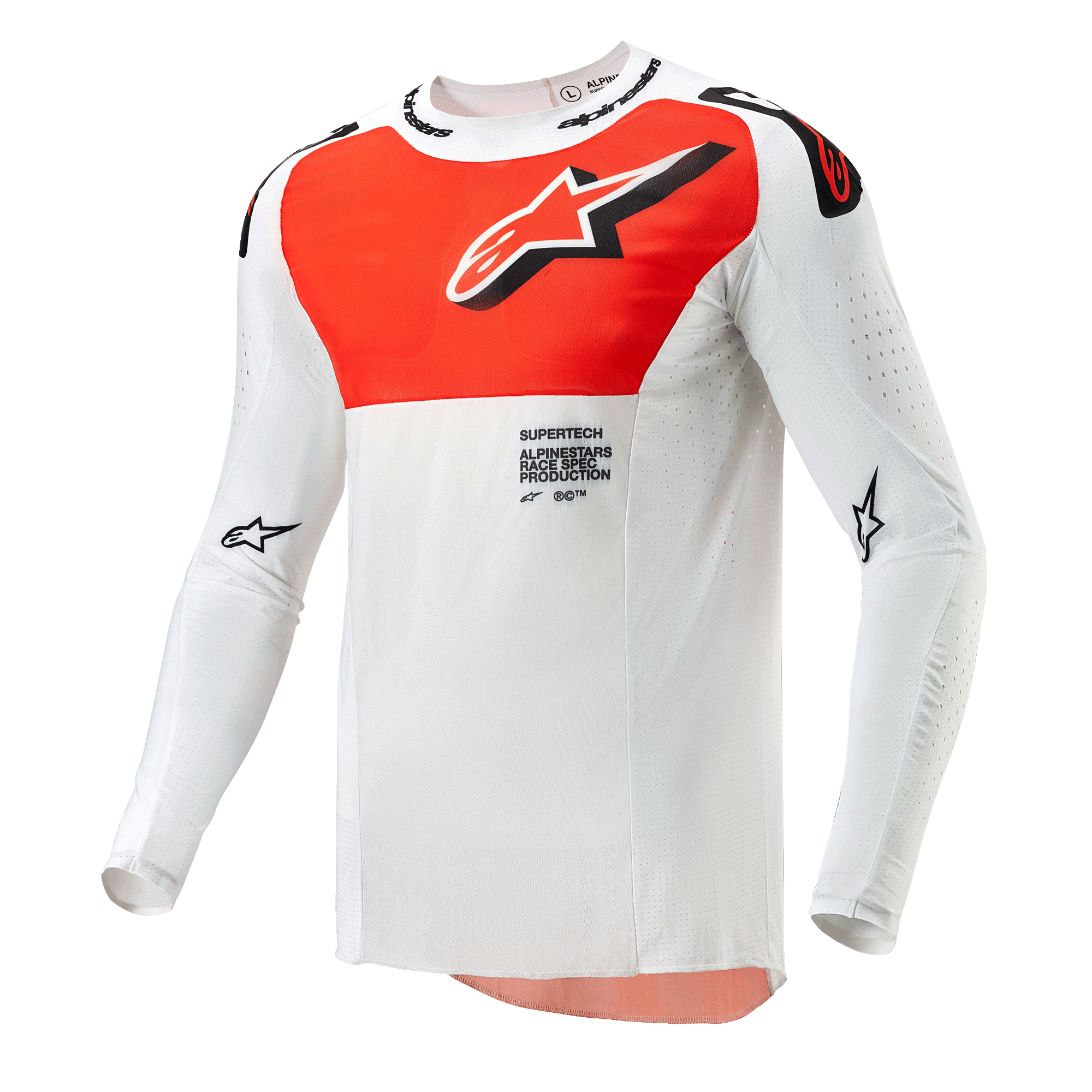 Alpinestars 2024 Supertech Ward Jersey, koszulka motocrossowa, biała i intensywnie pomarańczowa, techniczna góra z długim rękawem, duża pomarańczowa grafika na klatce piersiowej, logo z gwiazdą, oddychająca perforowana konstrukcja do wyścigów off-road
