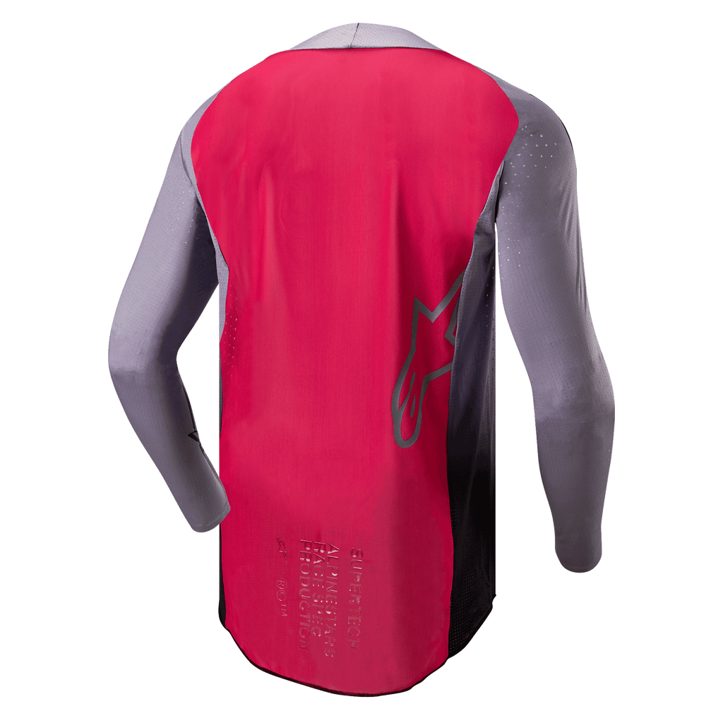 Alpinestars 2024 Supertech Dade Jersey, koszulka motocrossowa, czerwona (Iron Red Berry) i szara, widok z tyłu prezentujący oddychającą konstrukcję z siatki, zarys logo gwiazdy Alpinestars i profesjonalne oznaczenia wyścigowe