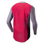 Alpinestars 2024 Supertech Dade Jersey, koszulka motocrossowa, czerwona (Iron Red Berry) i szara, widok z tyłu prezentujący oddychającą konstrukcję z siatki, zarys logo gwiazdy Alpinestars i profesjonalne oznaczenia wyścigowe