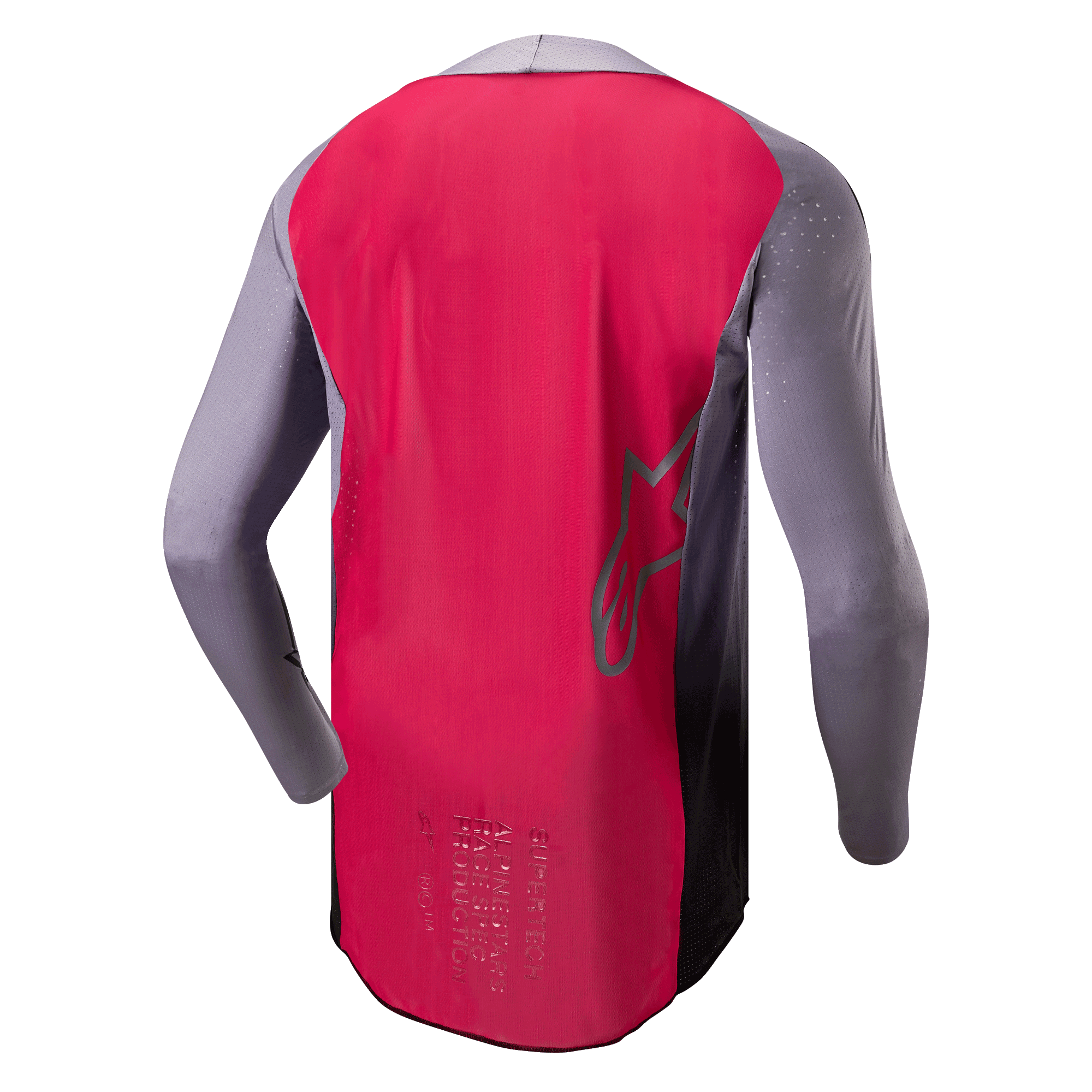 Alpinestars 2024 Supertech Dade Jersey, koszulka motocrossowa, czerwona (Iron Red Berry) i szara, widok z tyłu prezentujący oddychającą konstrukcję z siatki, zarys logo gwiazdy Alpinestars i profesjonalne oznaczenia wyścigowe