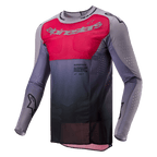 Alpinestars 2024 Supertech Dade Jersey, koszulka motocrossowa, czerwona i szara, jaskrawoczerwony panel na klatce piersiowej ze srebrnym logo, ciemnoszary gradient w pasie, laserowo wycinane perforacje na rękawach i bokach, sportowy krój wyścigowy