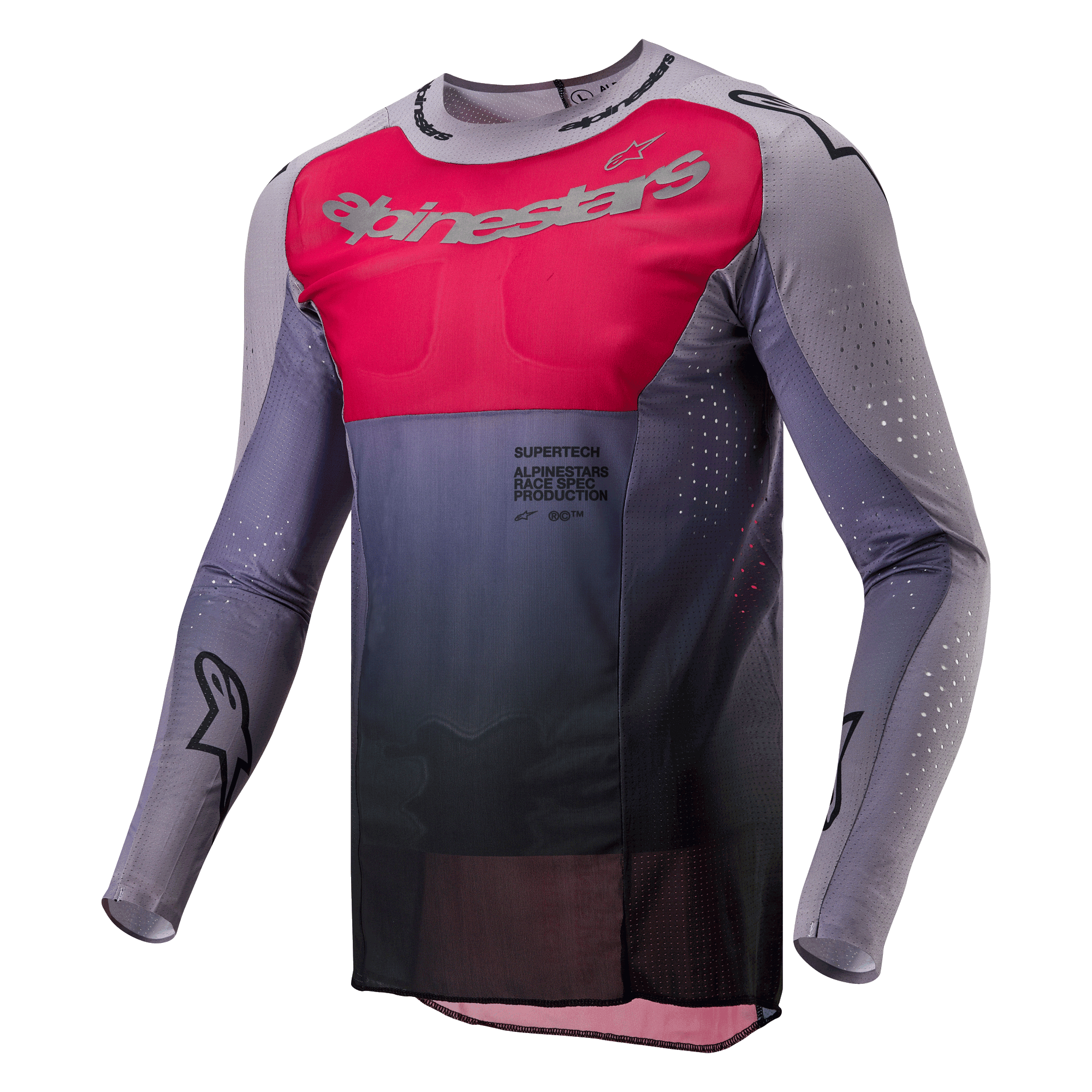 Alpinestars 2024 Supertech Dade Jersey, koszulka motocrossowa, czerwona i szara, jaskrawoczerwony panel na klatce piersiowej ze srebrnym logo, ciemnoszary gradient w pasie, laserowo wycinane perforacje na rękawach i bokach, sportowy krój wyścigowy