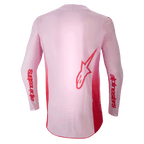 Alpinestars 2024 Supertech Dade Jersey, koszulka motocrossowa, kolor Red Berry Lilac, widok z tyłu z dużym czerwonym logo Astar na plecach i czerwonym brandingiem Alpinestars na rękawach, lekka elastyczna konstrukcja z siatki z wydłużonym tylnym panelem dla wydajności w terenie