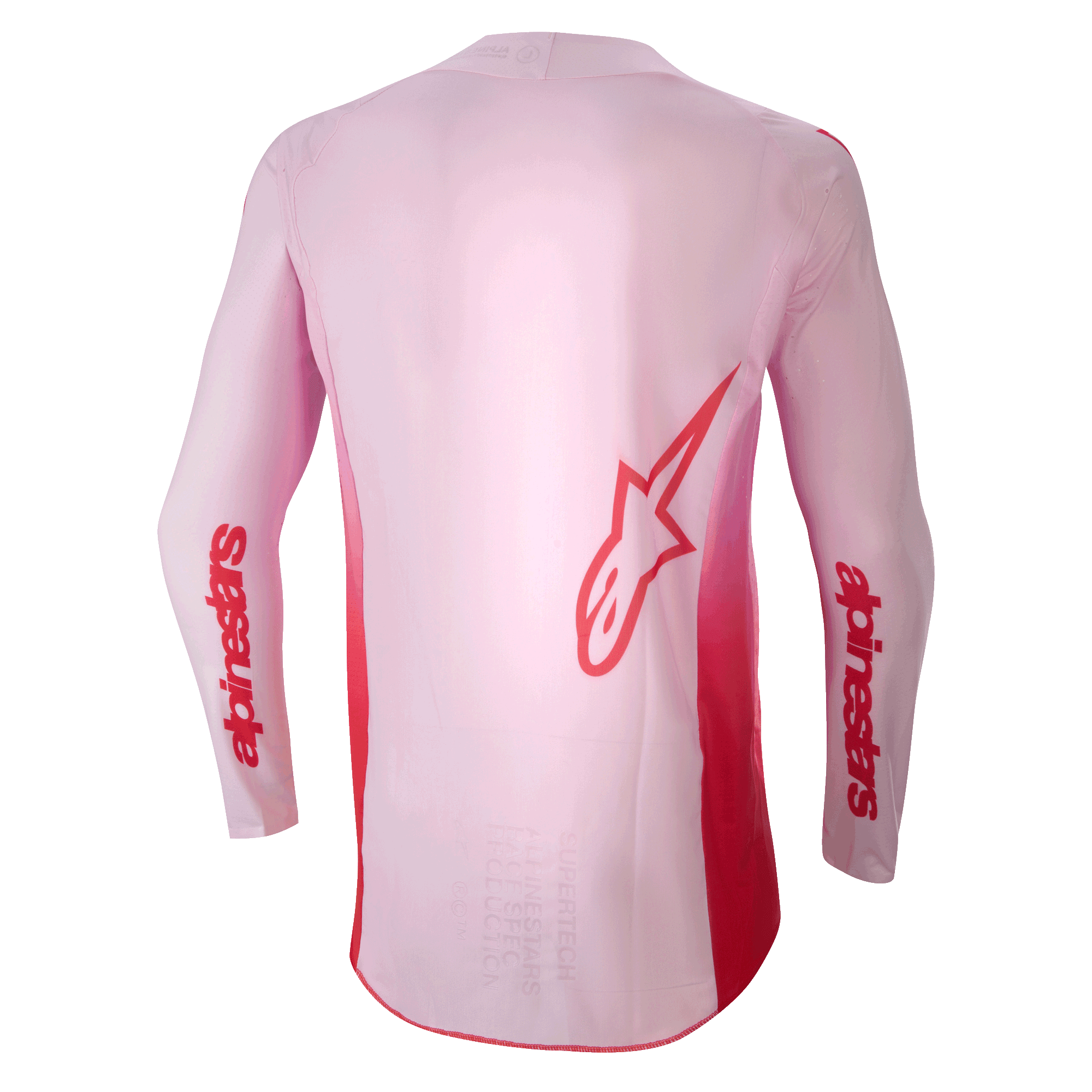 Alpinestars 2024 Supertech Dade Jersey, koszulka motocrossowa, kolor Red Berry Lilac, widok z tyłu z dużym czerwonym logo Astar na plecach i czerwonym brandingiem Alpinestars na rękawach, lekka elastyczna konstrukcja z siatki z wydłużonym tylnym panelem dla wydajności w terenie