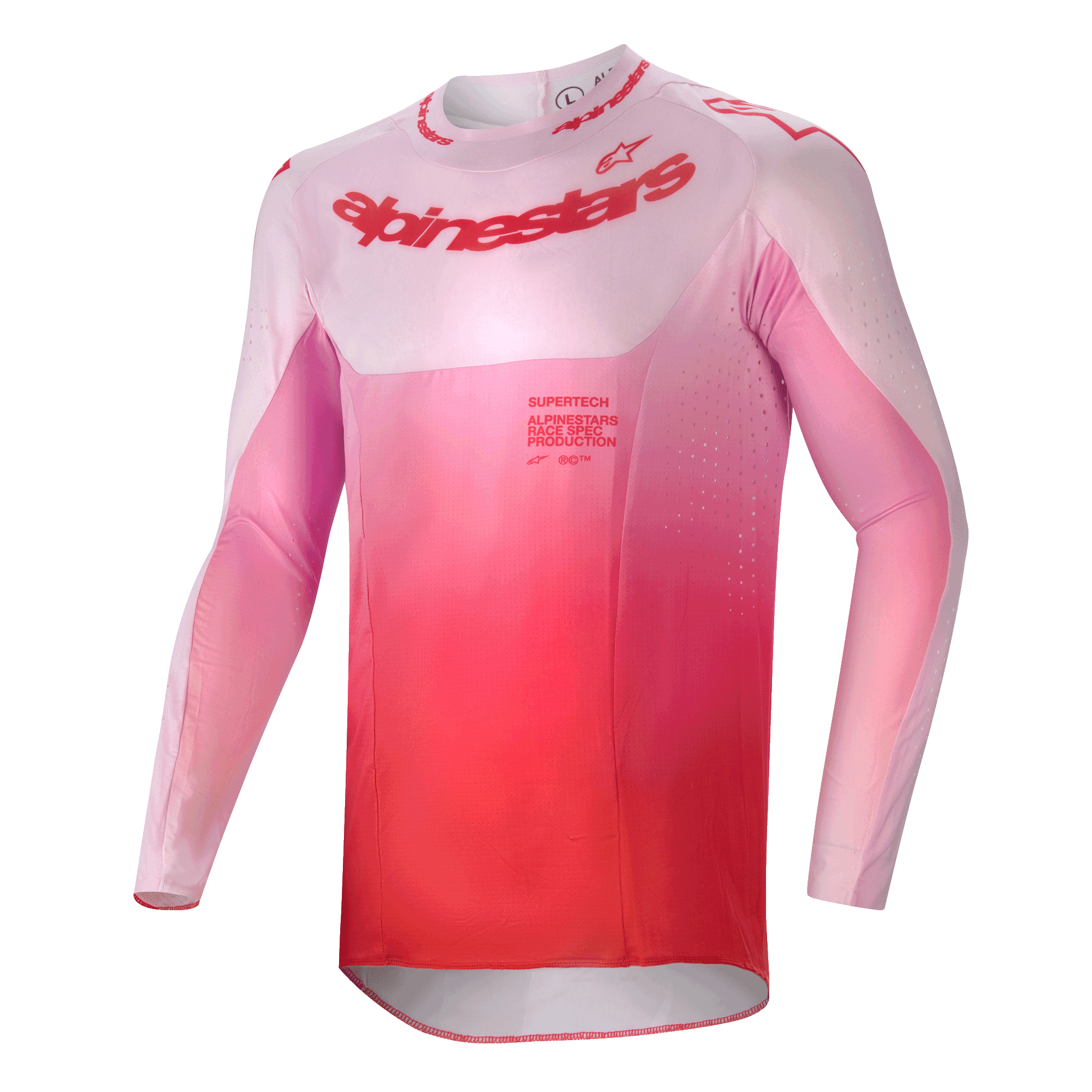 Alpinestars 2024 Supertech Dade Jersey, koszulka motocrossowa, kolor Red Berry Lilac z gradientem od różowego do czerwonego, długi rękaw, atletyczny krój, laserowo wycinane otwory wentylacyjne, wyraziste logo na piersi, profesjonalna odzież do jazdy w terenie