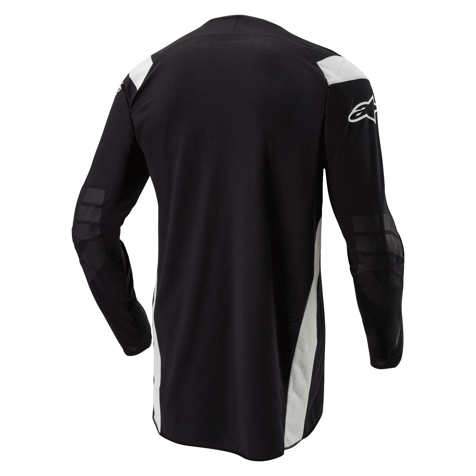 Koszulka Alpinestars Techdura, koszulka enduro motocross, czarna z białymi akcentami, widok z tyłu z przedłużonym tyłem, wzmocnionymi łokciami i białym logo Alpinestars na rękawie, wytrzymała odzież do jazdy terenowej