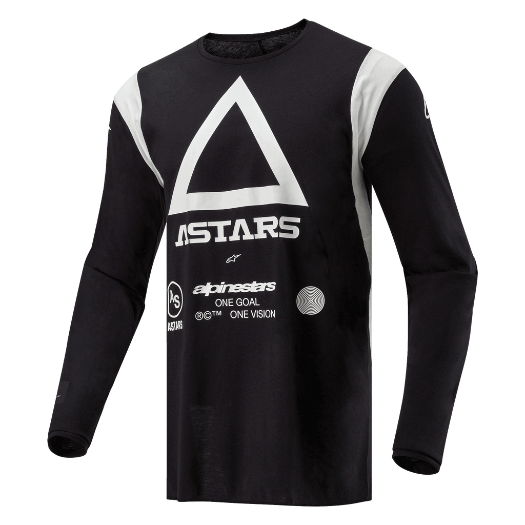 Alpinestars Techdura Jersey, koszulka motocrossowa i enduro, czarna z dużym białym trójkątem i logo ASTARS, białe panele na ramionach, długie rękawy, wytrzymała tkanina poliestrowa do jazdy terenowej