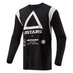 Alpinestars Techdura Jersey, koszulka motocrossowa i enduro, czarna z dużym białym trójkątem i logo ASTARS, białe panele na ramionach, długie rękawy, wytrzymała tkanina poliestrowa do jazdy terenowej