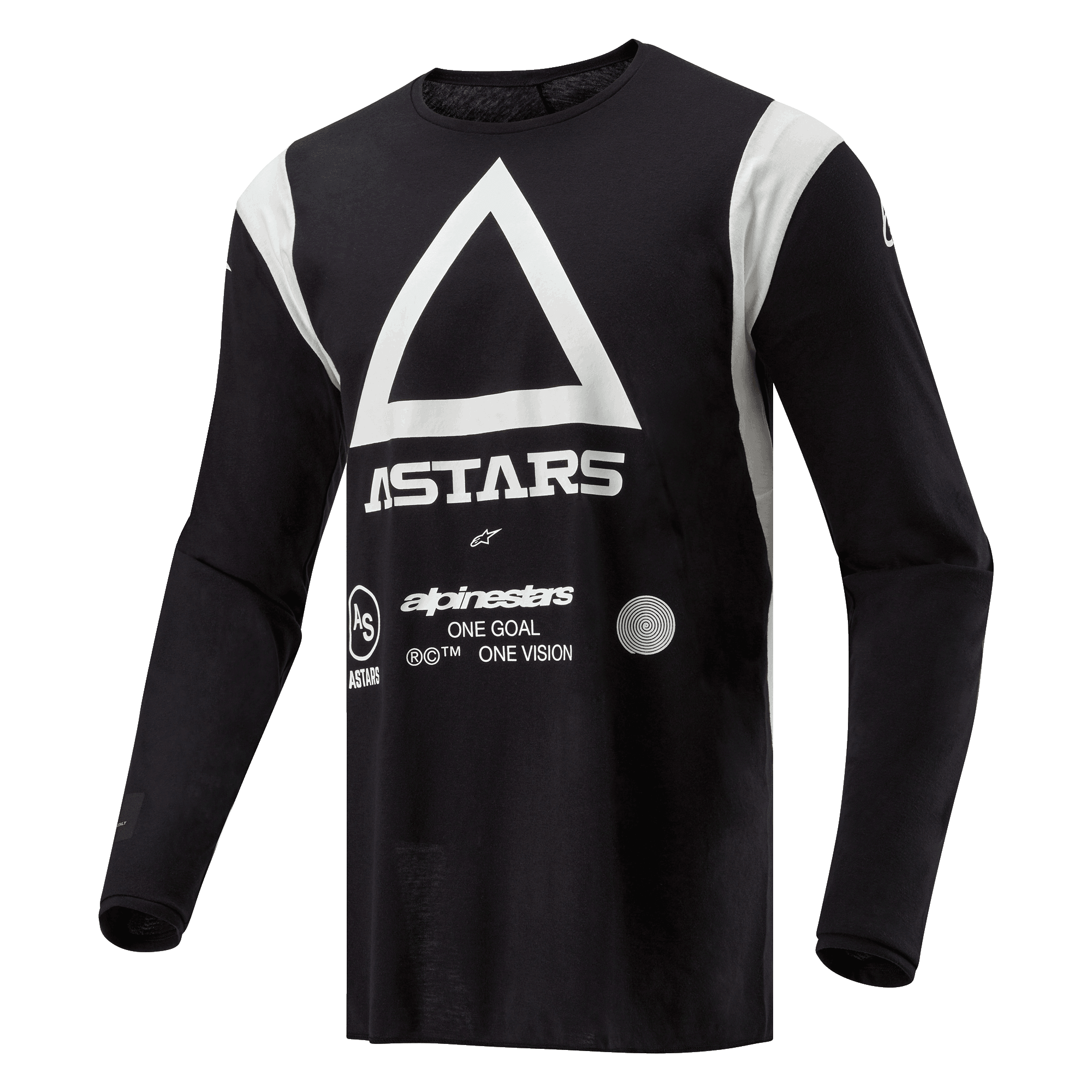 Alpinestars Techdura Jersey, koszulka motocrossowa i enduro, czarna z dużym białym trójkątem i logo ASTARS, białe panele na ramionach, długie rękawy, wytrzymała tkanina poliestrowa do jazdy terenowej