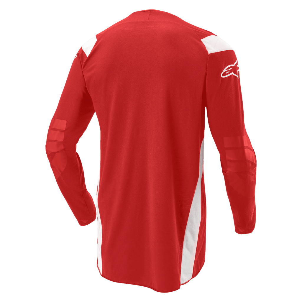 Alpinestars Techdura Jersey, koszulka motocrossowa i enduro, jasnoczerwona z białymi panelami, widok z tyłu pokazujący wydłużony tył i wzmocnione łokcie, białe logo Alpinestars na rękawie, wytrzymała odzież terenowa