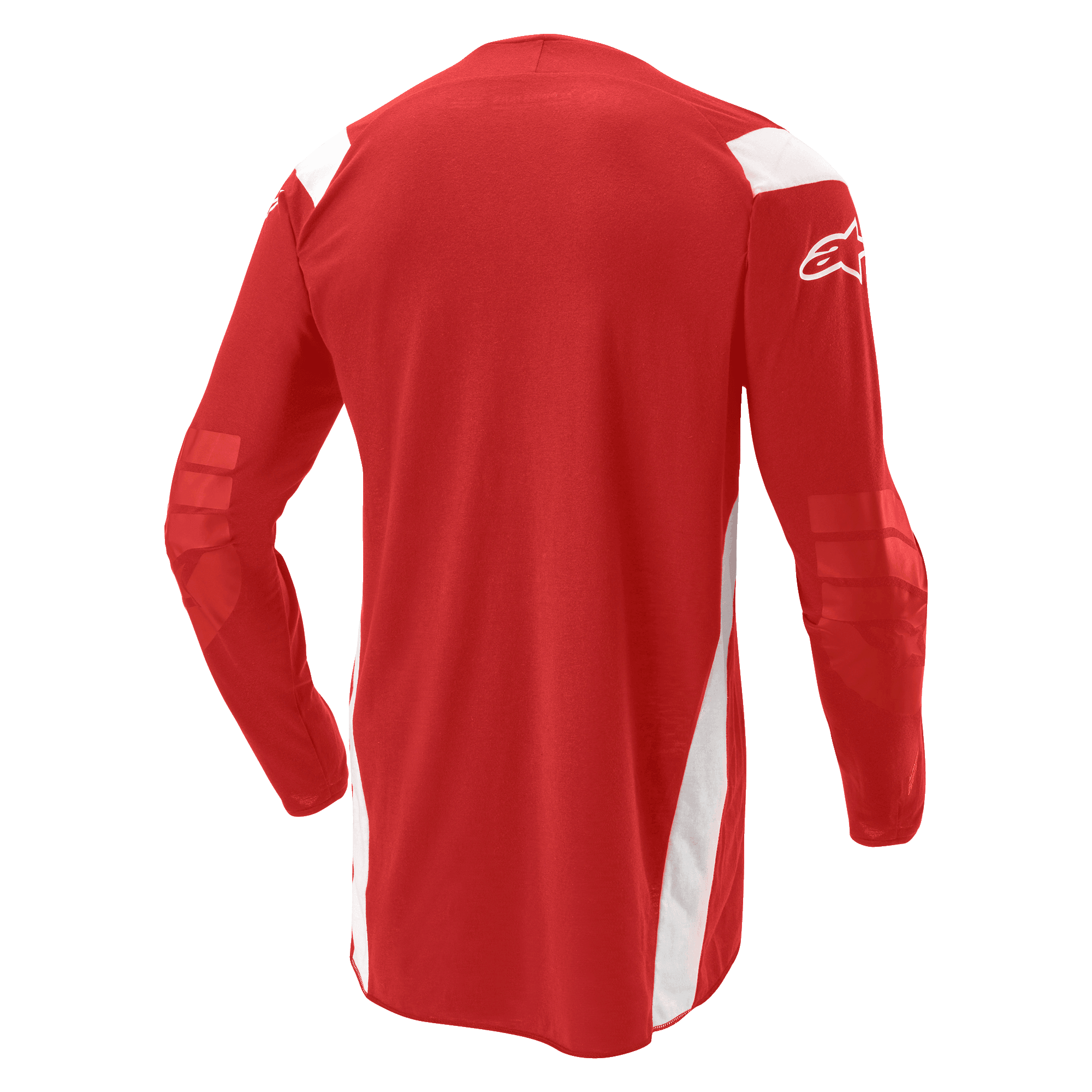 Alpinestars Techdura Jersey, koszulka motocrossowa i enduro, jasnoczerwona z białymi panelami, widok z tyłu pokazujący wydłużony tył i wzmocnione łokcie, białe logo Alpinestars na rękawie, wytrzymała odzież terenowa