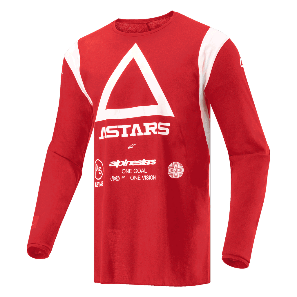 Alpinestars Techdura Jersey, koszulka motocrossowa i enduro, jaskrawoczerwona, z białym trójkątem i logo ASTARS na klatce piersiowej, długi rękaw, odprowadzający wilgoć materiał poliestrowy do jazdy terenowej