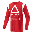 Alpinestars Techdura Jersey, koszulka motocrossowa i enduro, jaskrawoczerwona, z białym trójkątem i logo ASTARS na klatce piersiowej, długi rękaw, odprowadzający wilgoć materiał poliestrowy do jazdy terenowej