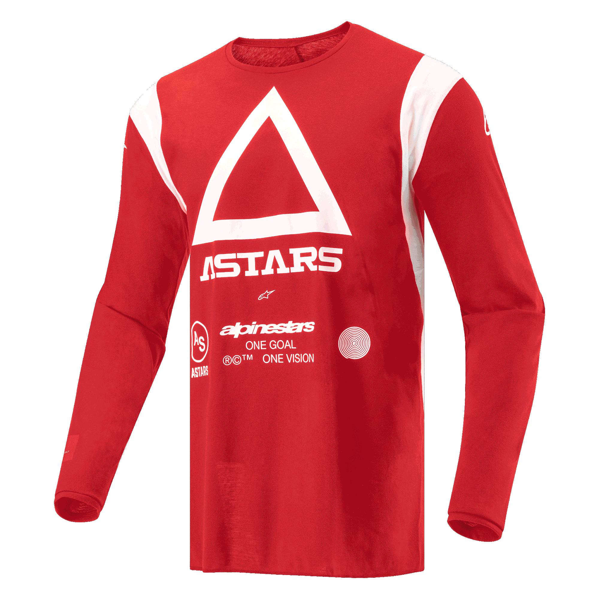 Alpinestars Techdura Jersey, koszulka motocrossowa i enduro, jaskrawoczerwona, z białym trójkątem i logo ASTARS na klatce piersiowej, długi rękaw, odprowadzający wilgoć materiał poliestrowy do jazdy terenowej