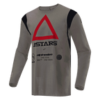 Alpinestars Techdura Jersey, Motocross and Enduro Jersey, Falcon Brown, featuring a large red triangle on the chest with black ASTARS branding, black shoulder accents, durable technical poly-fabric for off-road performance