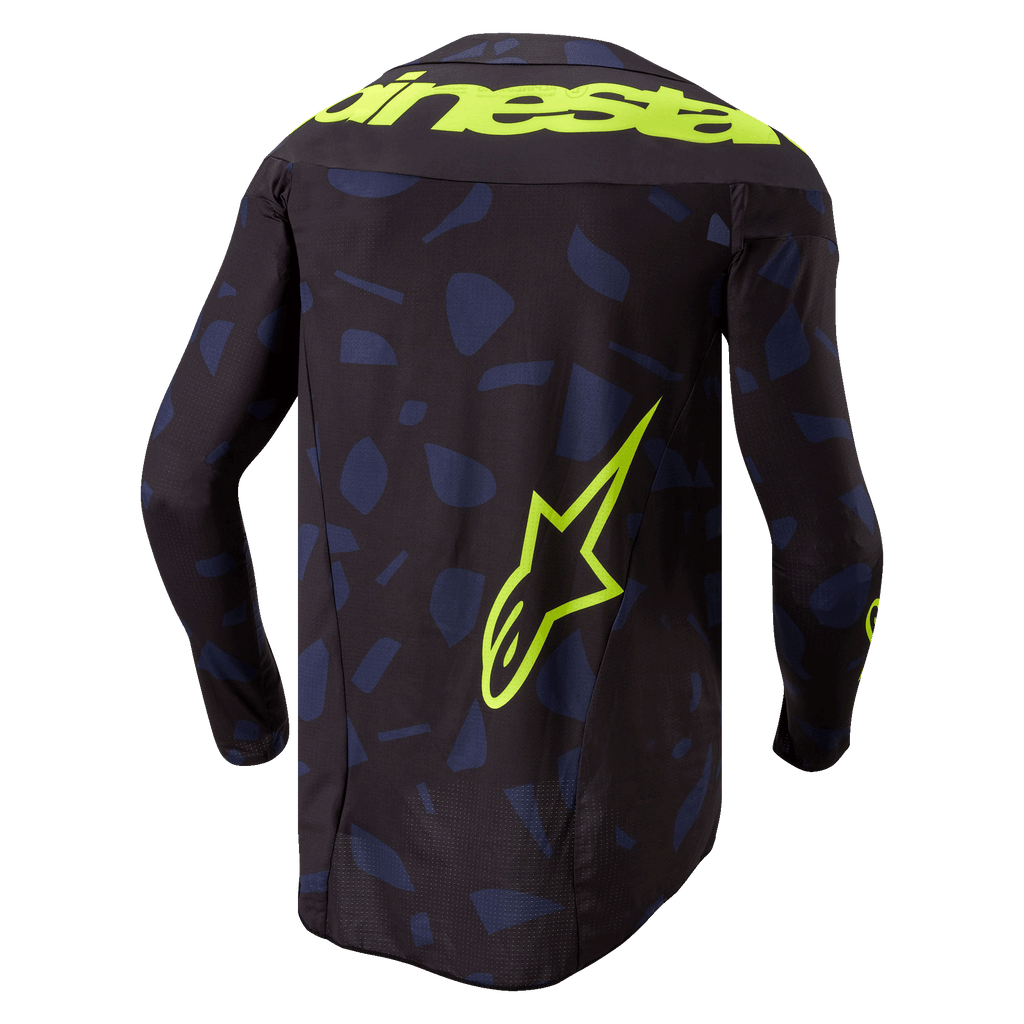 Alpinestars 2024 Techstar Rantera Jersey, koszulka motocrossowa, czarna, granatowa i żółta fluo, widok z tyłu, granatowy geometryczny wzór na czarnym tle, wyraźny żółty napis Alpinestars na ramionach, duże logo gwiazdy na dole pleców, techniczna odzież z długim rękawem do wyścigów terenowych
