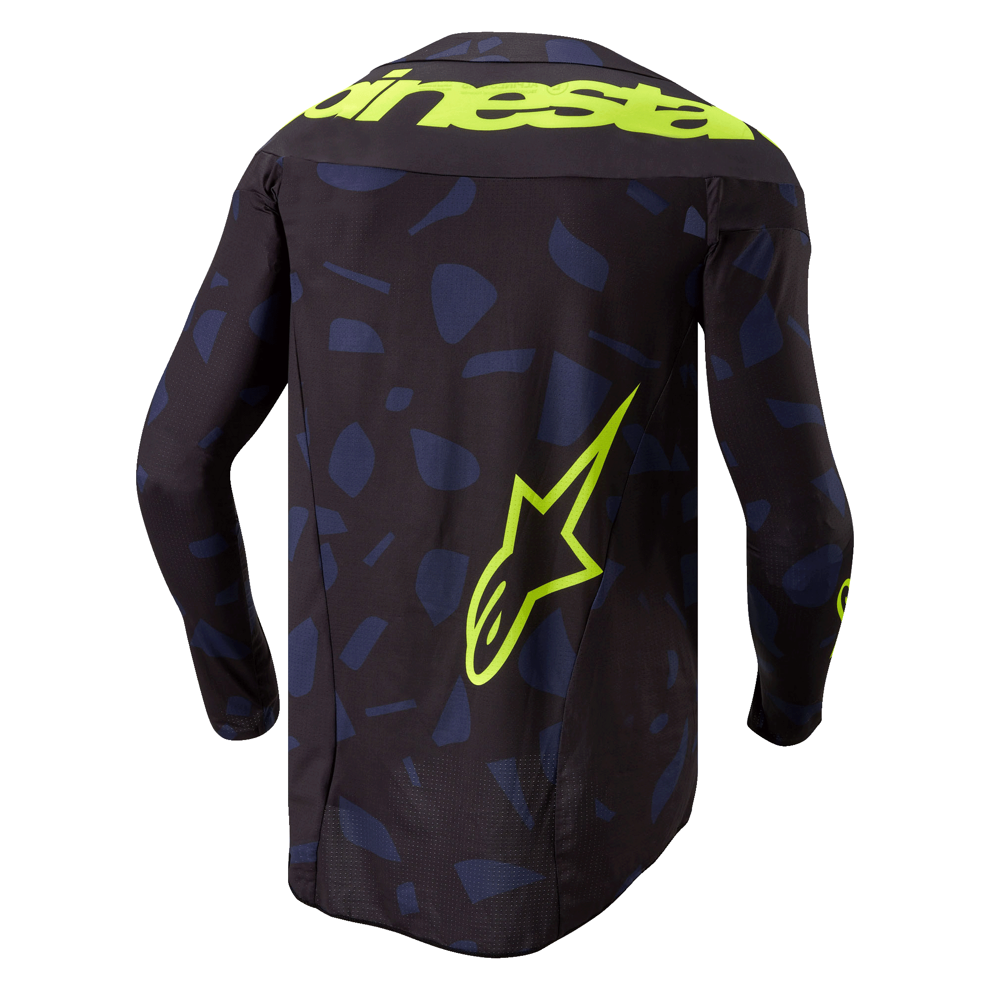Alpinestars 2024 Techstar Rantera Jersey, koszulka motocrossowa, czarna, granatowa i żółta fluo, widok z tyłu, granatowy geometryczny wzór na czarnym tle, wyraźny żółty napis Alpinestars na ramionach, duże logo gwiazdy na dole pleców, techniczna odzież z długim rękawem do wyścigów terenowych