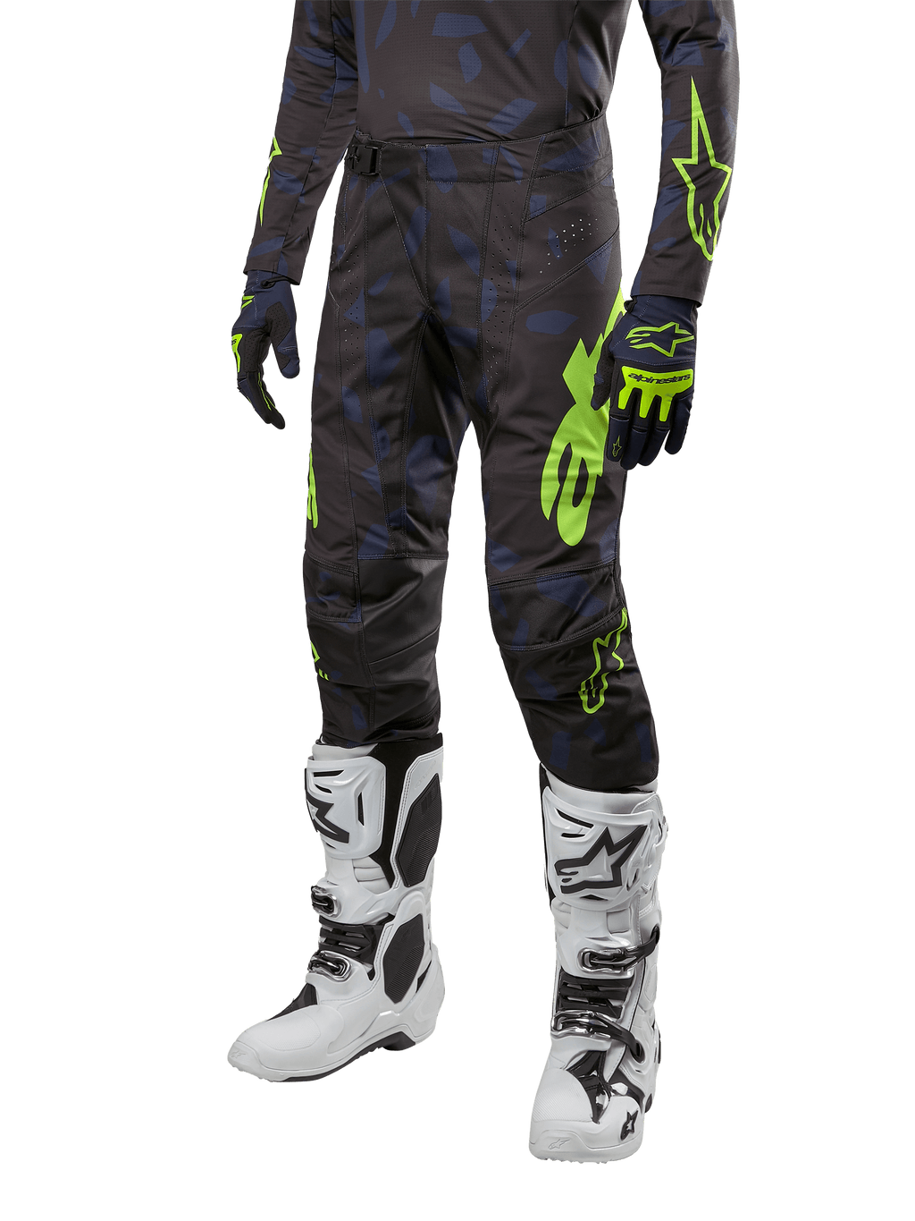 Spodnie Alpinestars 2024 Techstar Rantera, spodnie motocrossowe, czarno-granatowe z neonowym żółtym, z granatowym wzorem kamuflażu i neonowym logo, zestawione z pasującymi rękawicami i białymi butami, wytrzymały wyścigowy krój do jazdy off-road