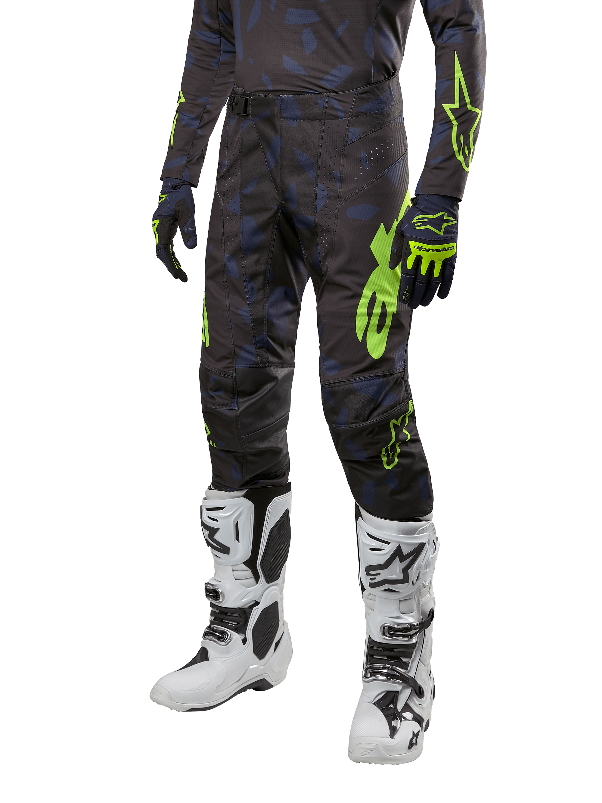 Spodnie Alpinestars 2024 Techstar Rantera, spodnie motocrossowe, czarno-granatowe z neonowym żółtym, z granatowym wzorem kamuflażu i neonowym logo, zestawione z pasującymi rękawicami i białymi butami, wytrzymały wyścigowy krój do jazdy off-road