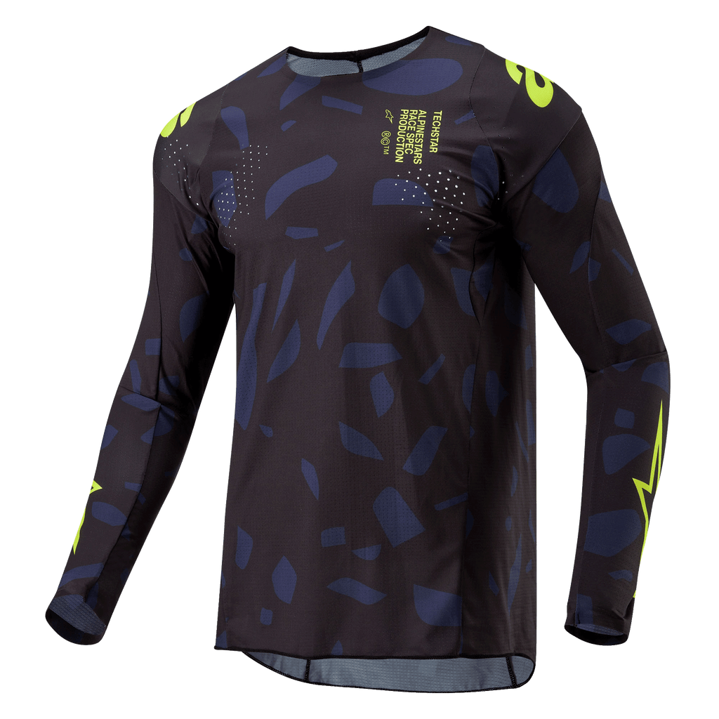 Alpinestars Techstar Rantera Jersey 2024, koszulka motocrossowa, czarno-granatowa z neonowożółtymi elementami, sportowy krój z długim rękawem, abstrakcyjny wzór, neonowożółte logo i detale tekstowe, zaprojektowana do jazdy terenowej