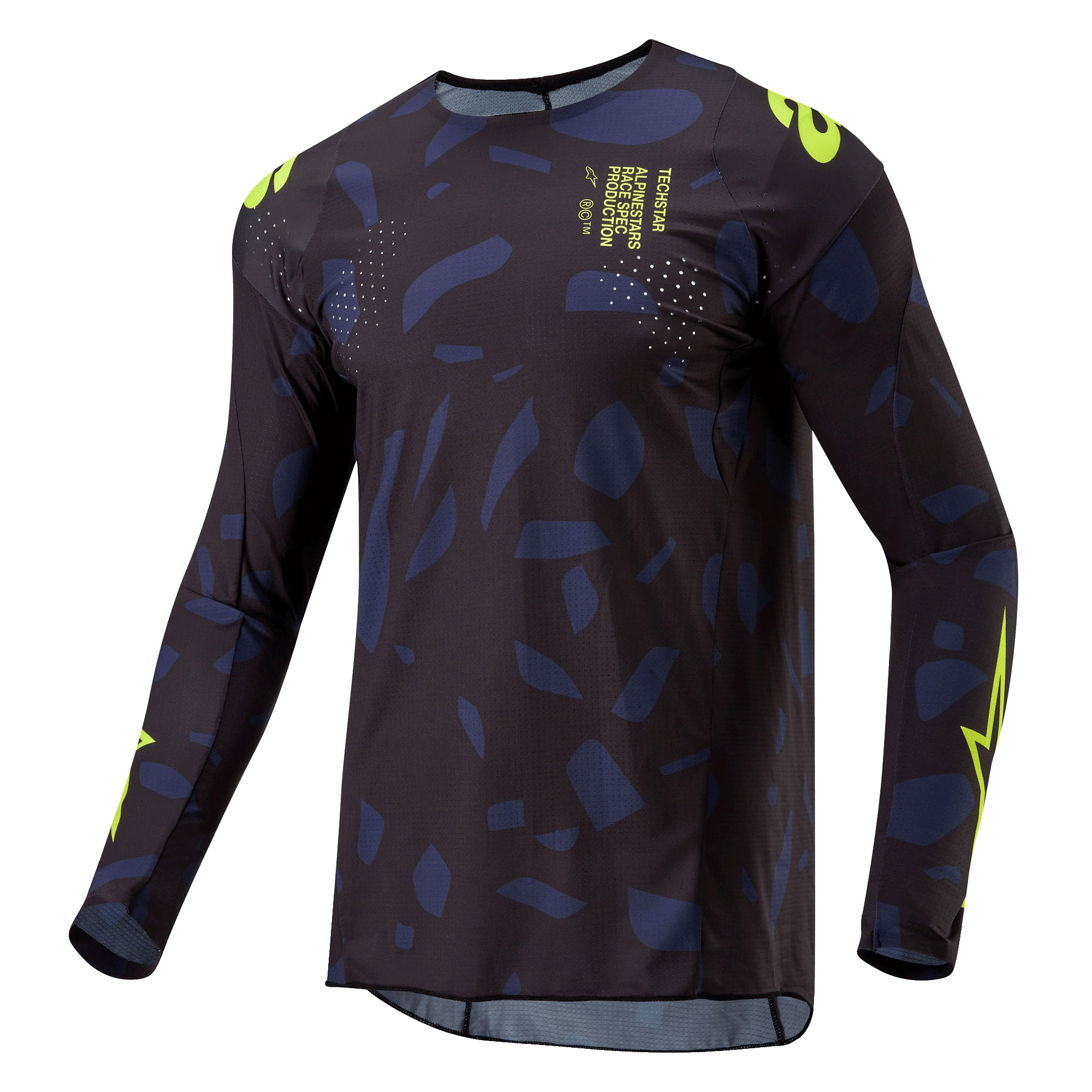 Alpinestars Techstar Rantera Jersey 2024, koszulka motocrossowa, czarno-granatowa z neonowożółtymi elementami, sportowy krój z długim rękawem, abstrakcyjny wzór, neonowożółte logo i detale tekstowe, zaprojektowana do jazdy terenowej