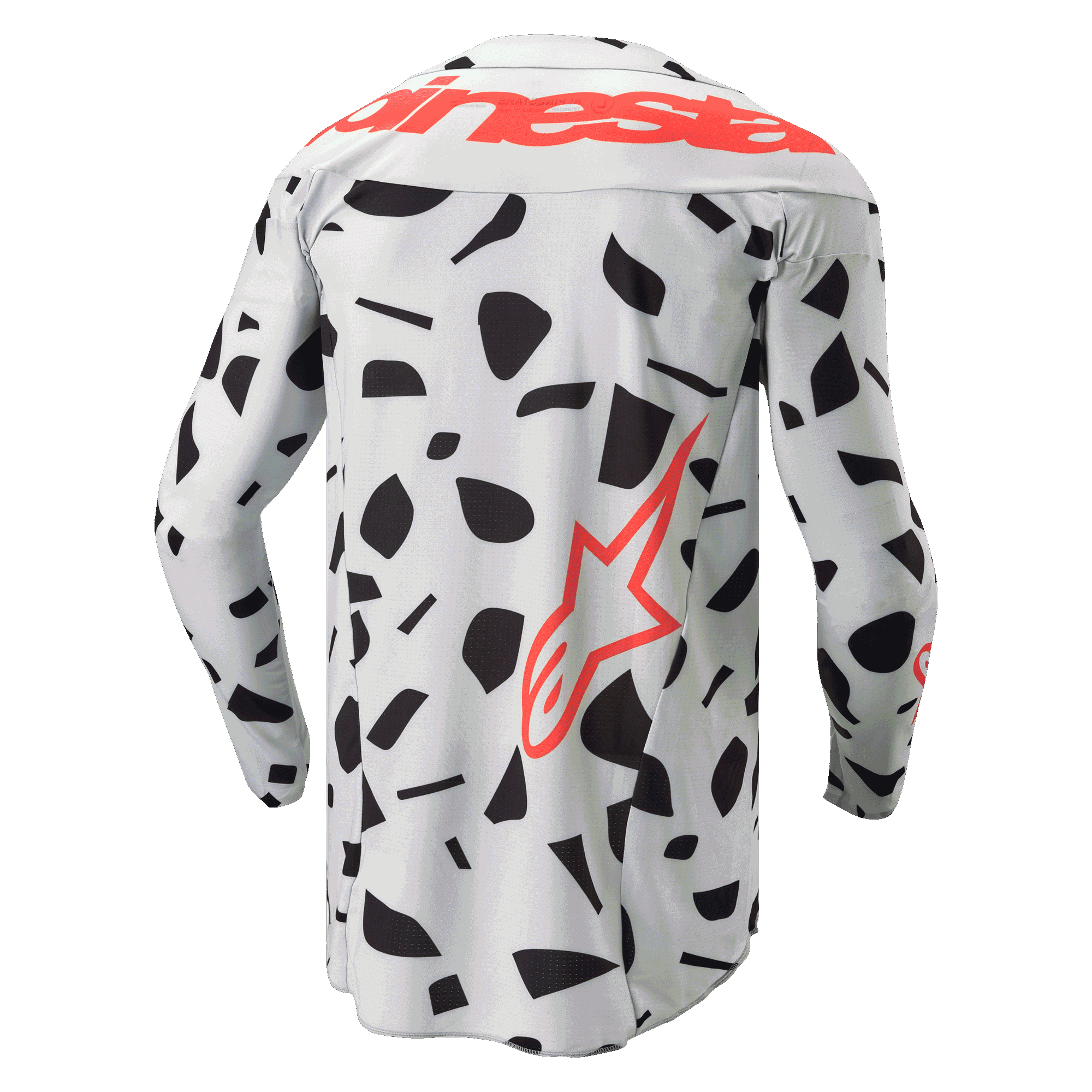 Koszulka Alpinestars Techstar Rantera 2024, widok z tyłu, koszulka motocrossowa z długim rękawem, szare moro (Haze Gray Camo) w czarne abstrakcyjne wzory, duży czerwony napis Alpinestars na barkach i czerwone logo gwiazdy na dole, zaprojektowana do jazdy terenowej