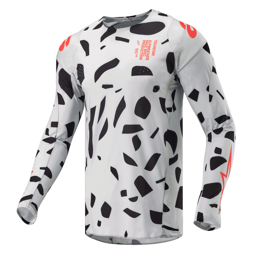 Alpinestars Techstar Rantera Jersey 2024, koszulka motocrossowa, szary kamuflaż Haze Gray z czarnymi abstrakcyjnymi kształtami i pomarańczowymi akcentami, długie rękawy, techniczna odzież do wyścigów terenowych