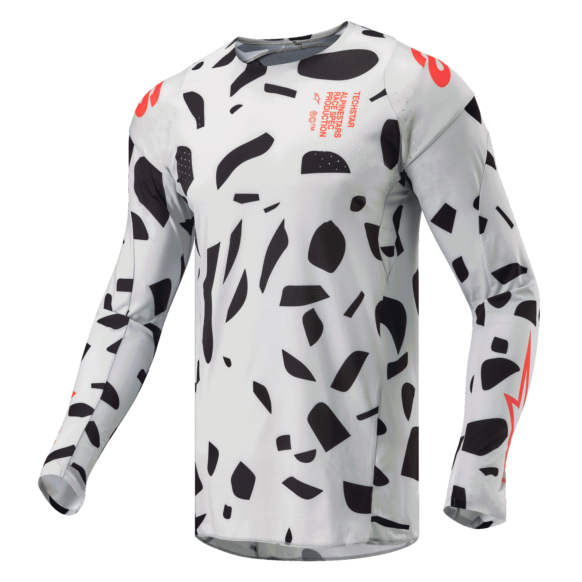 Alpinestars Techstar Rantera Jersey 2024, koszulka motocrossowa, szary kamuflaż Haze Gray z czarnymi abstrakcyjnymi kształtami i pomarańczowymi akcentami, długie rękawy, techniczna odzież do wyścigów terenowych