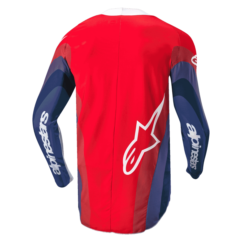 Alpinestars Techstar Pneuma Jersey 2024, koszulka motocrossowa, czerwona, niebieska i biała, widok z tyłu prezentujący faliste grafiki na rękawach, biały napis Alpinestars na ramionach oraz logo Astar w dolnej części pleców, ergonomiczny krój do jazdy off-road
