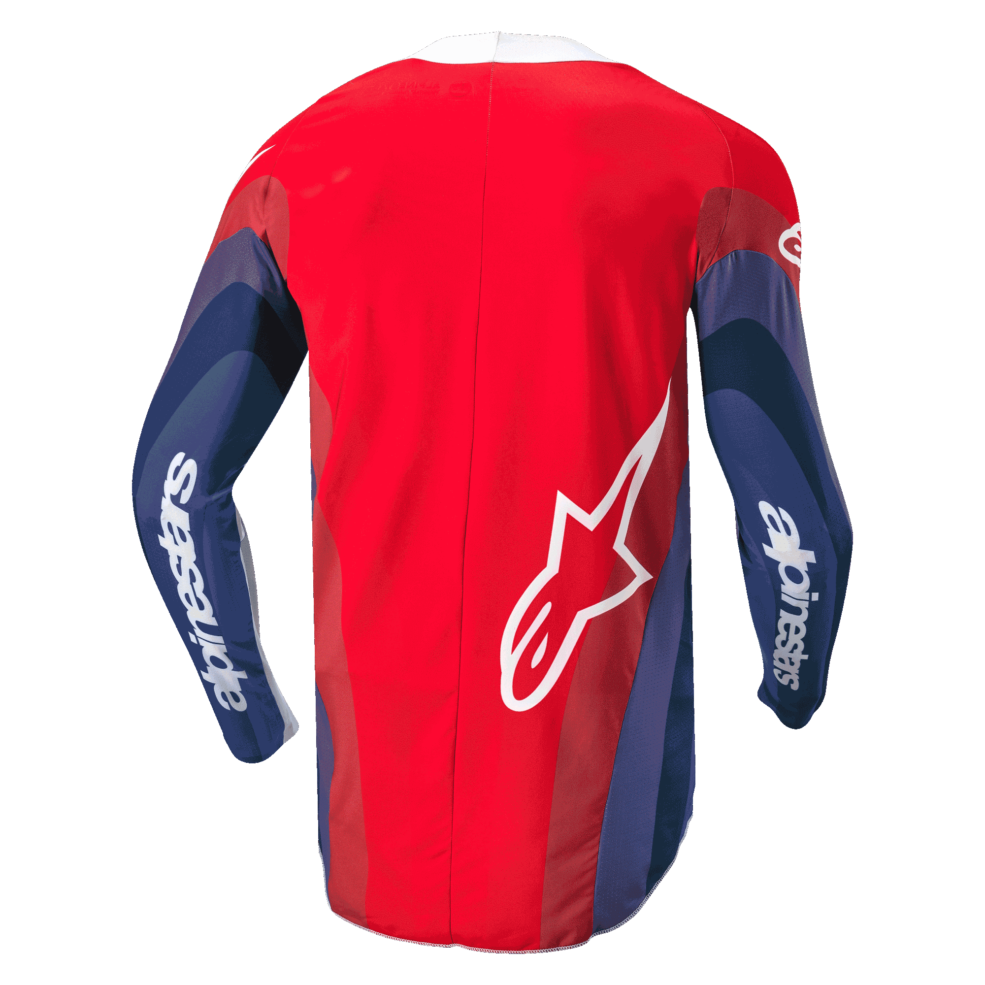Alpinestars Techstar Pneuma Jersey 2024, koszulka motocrossowa, czerwona, niebieska i biała, widok z tyłu prezentujący faliste grafiki na rękawach, biały napis Alpinestars na ramionach oraz logo Astar w dolnej części pleców, ergonomiczny krój do jazdy off-road