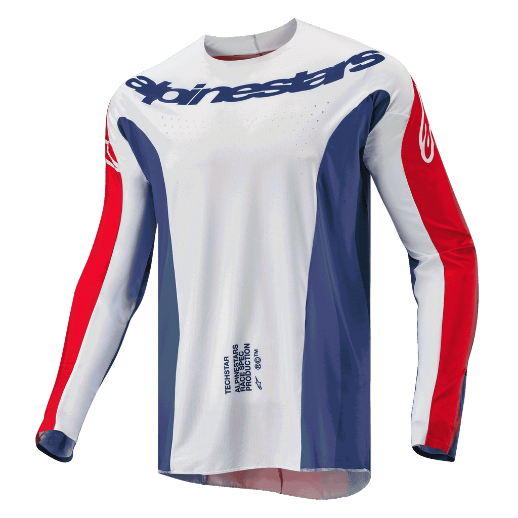 Alpinestars 2024 Techstar Pneuma Jersey, koszulka motocrossowa, biało-niebiesko-czerwona, biały korpus z niebieskimi panelami bocznymi i czerwonymi akcentami na rękawach, logo Alpinestars na klatce piersiowej, lekki sportowy krój do wyścigów off-road