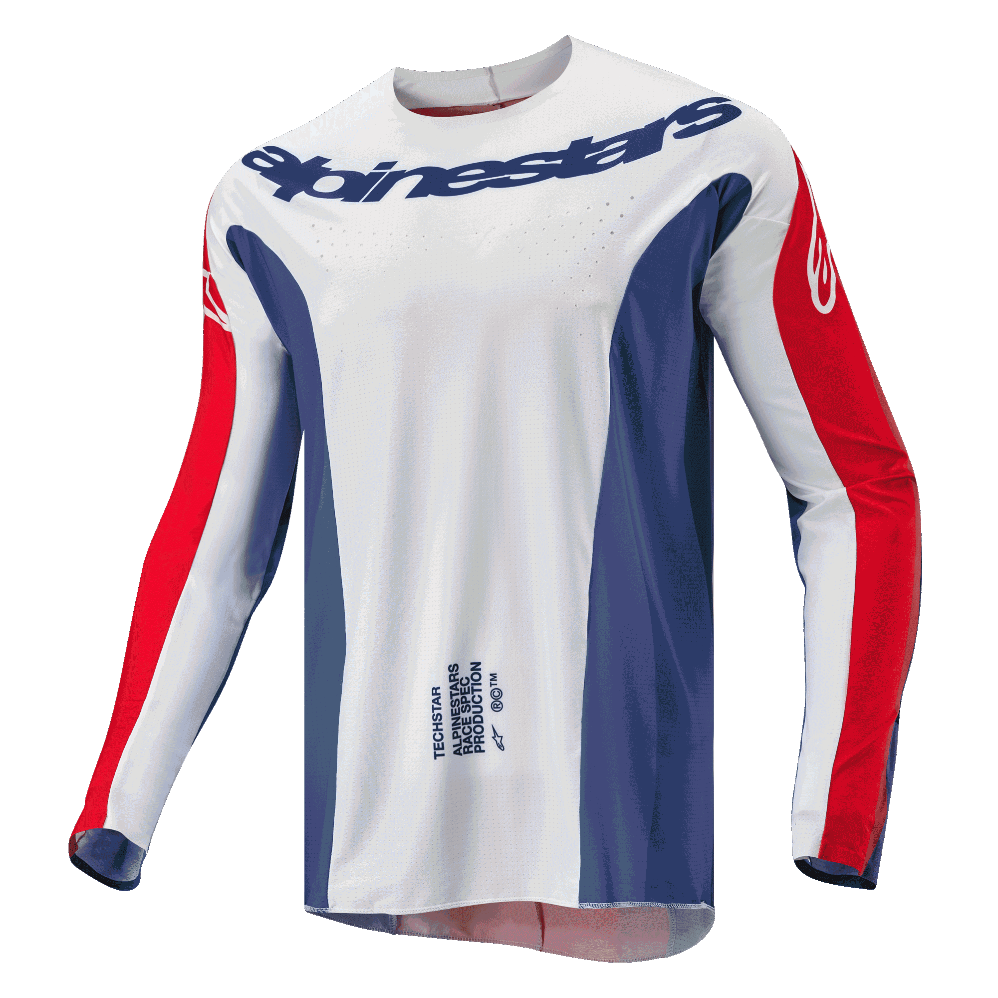 Alpinestars 2024 Techstar Pneuma Jersey, koszulka motocrossowa, biało-niebiesko-czerwona, biały korpus z niebieskimi panelami bocznymi i czerwonymi akcentami na rękawach, logo Alpinestars na klatce piersiowej, lekki sportowy krój do wyścigów off-road
