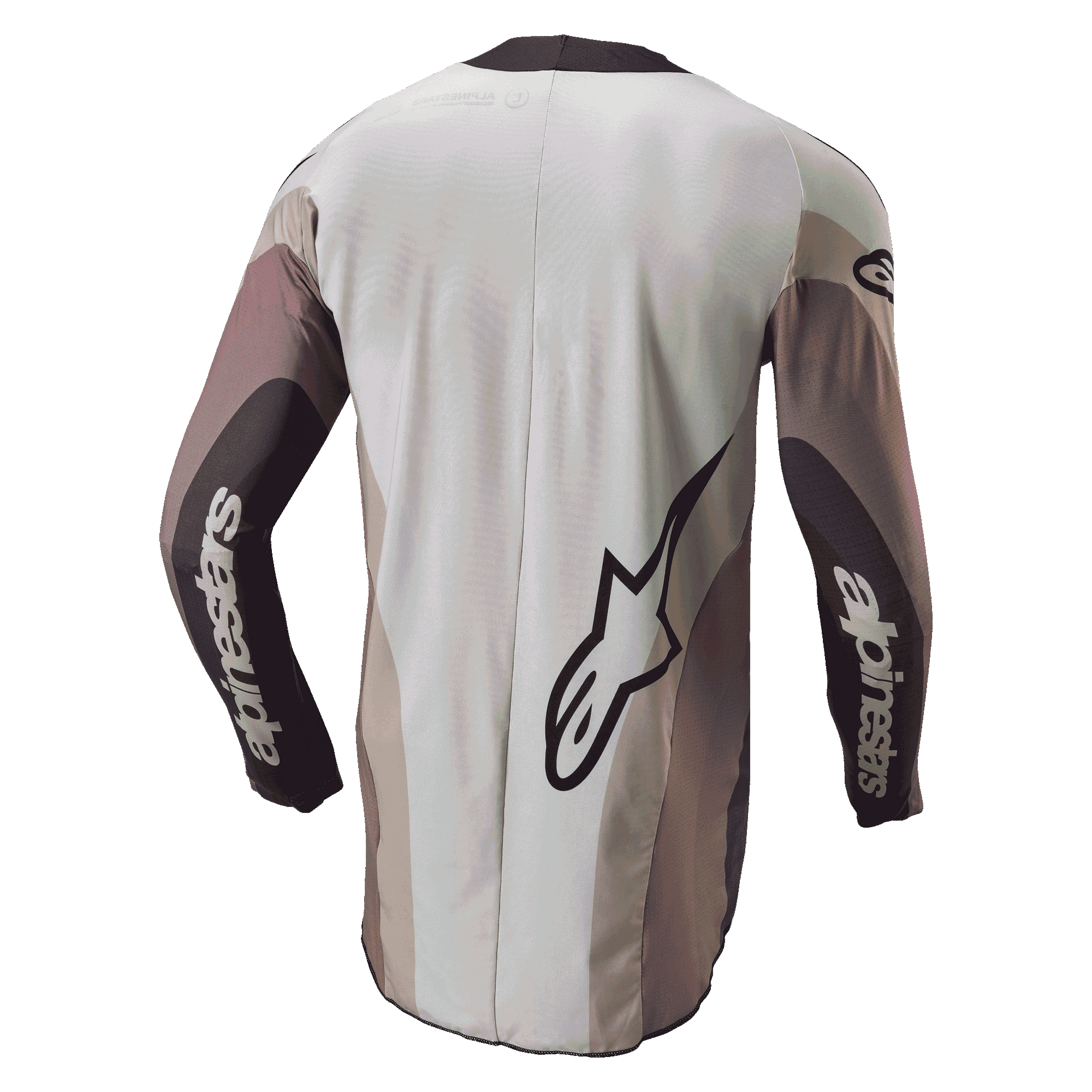 Alpinestars 2024 Techstar Pneuma Jersey, koszulka motocrossowa, widok z tyłu w kolorze Dark Sand Iron Dust Gray, z dużym logo Alpinestars i brandingiem na rękawach, sportowy krój z kolorowymi panelami i przedłużonym tyłem.