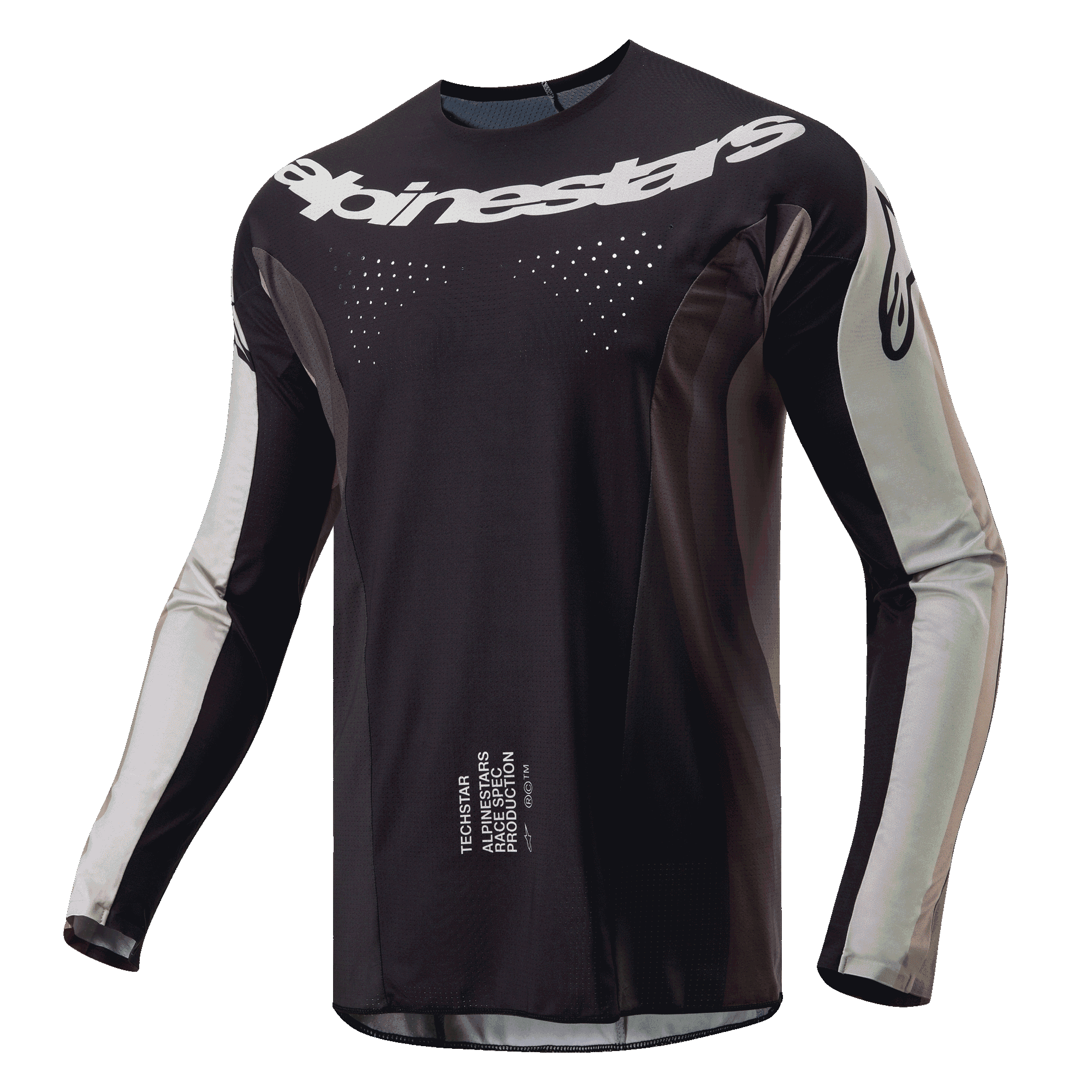 Alpinestars Techstar Pneuma Jersey 2024, koszulka motocrossowa, ciemny piaskowy i szary Iron Dust Gray, czarny korpus z jasnoszarymi panelami na rękawach, białe logo Alpinestars na klatce piersiowej, laserowo wycinane perforacje wentylacyjne, profesjonalna odzież off-road