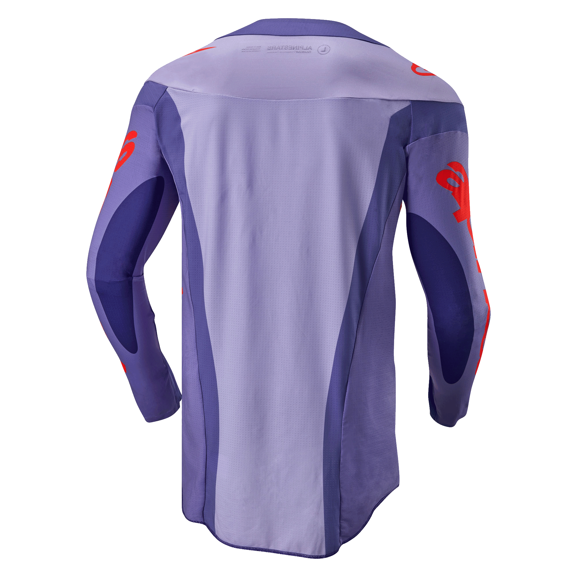 Alpinestars 2024 Techstar Ocuri Jersey, koszulka motocrossowa, fioletowa i jaskrawopomarańczowa, widok z tyłu z wielopanelową fioletową konstrukcją i pomarańczowymi grafikami logo na rękawach i ramionach, przedłużony tył zapewniający wydajność w wyścigach off-road.
