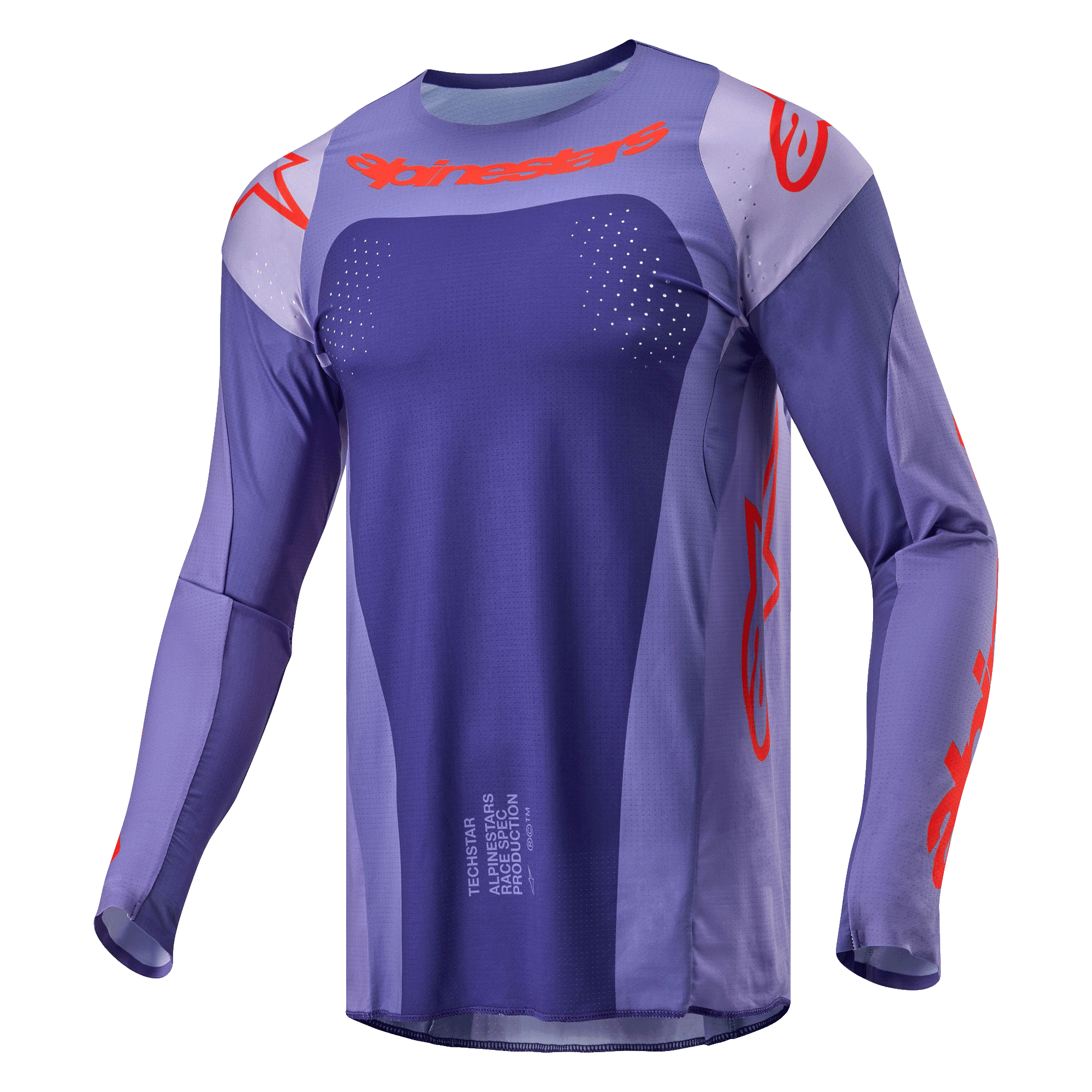 Alpinestars 2024 Techstar Ocuri Jersey, koszulka motocrossowa, fioletowa z jaskrawopomarańczowymi elementami, sportowy krój z długim rękawem i laserowo wycinanymi perforacjami, wyraziste pomarańczowe logo na klatce piersiowej i rękawach, odprowadzający wilgoć materiał poliestrowy do wyścigów terenowych